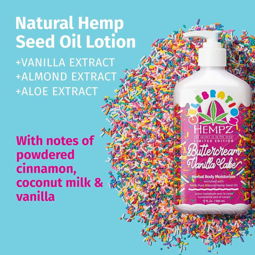 Hempz Body Lotion – Buttercream Vanilla Cake Celebration – Limited Edition 17 oz Daily Moisturizing Cream with Shea Butter & Aloe