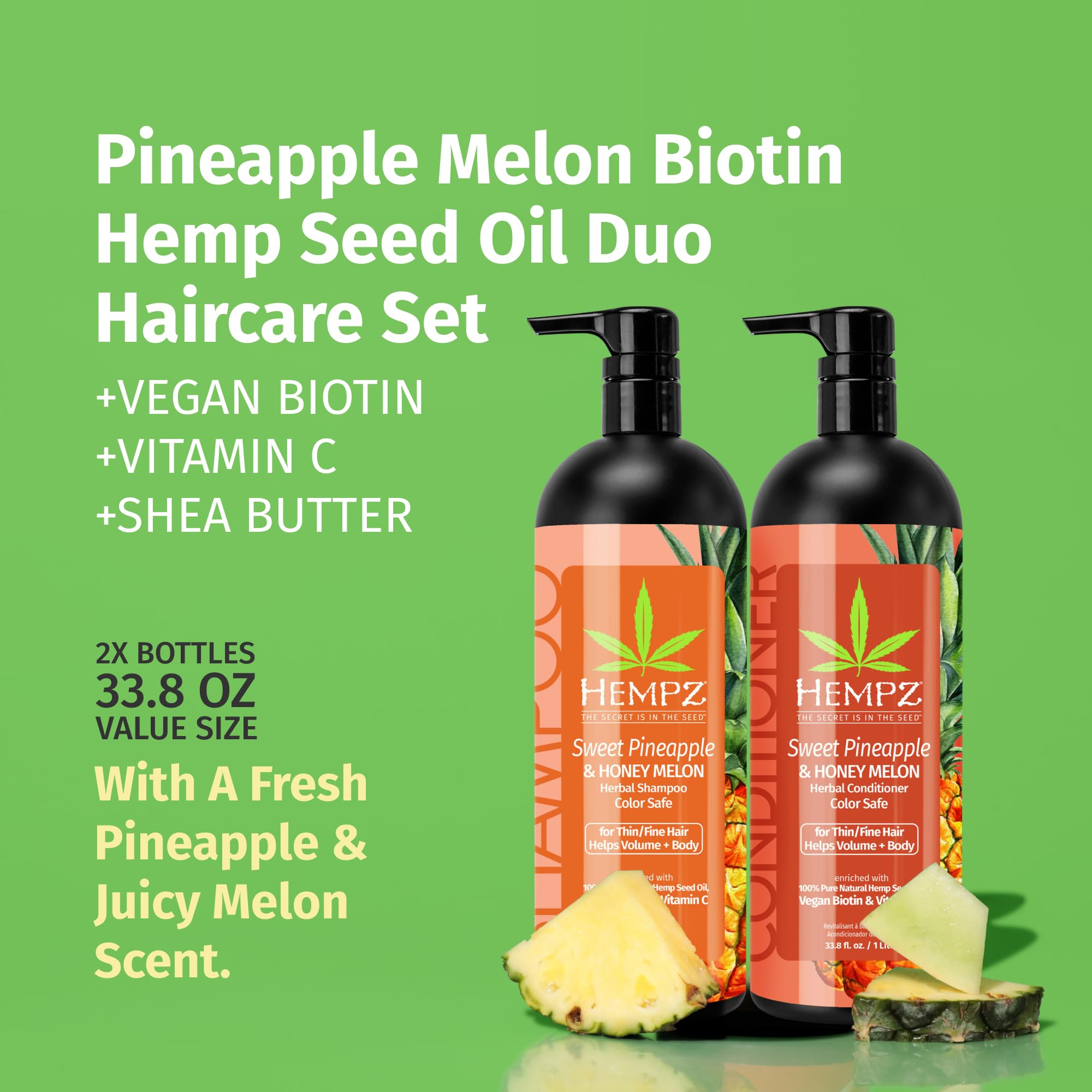HEMPZ Hair Shampoo & Conditioner Set – Sweet Pineapple & Honey Melon, Color-Treated & Fine Hair, 33.8 oz Duo