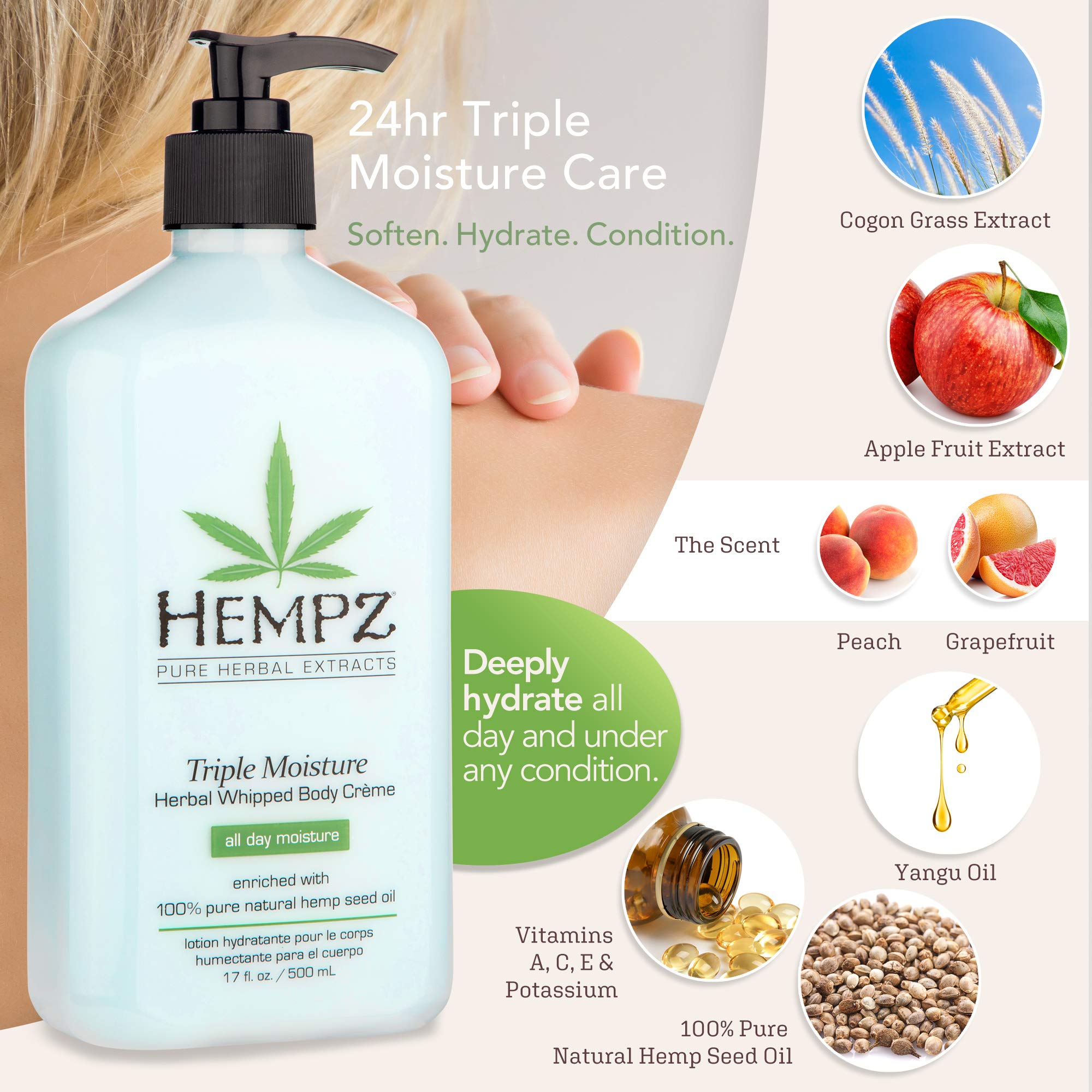 Hempz Natural Triple Moisture Whipped Body Cream – 24-Hour Hydration, 2-Pack