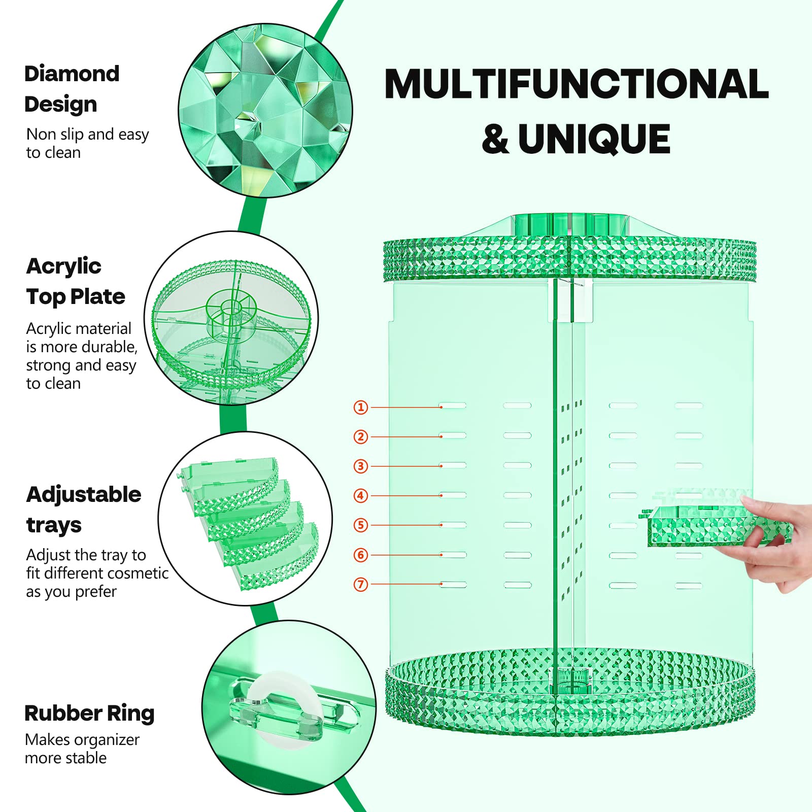 HEMTROY 360° Rotating Makeup Organizer | Extra Large 7-Layer Acrylic Cosmetics Organizer – Green