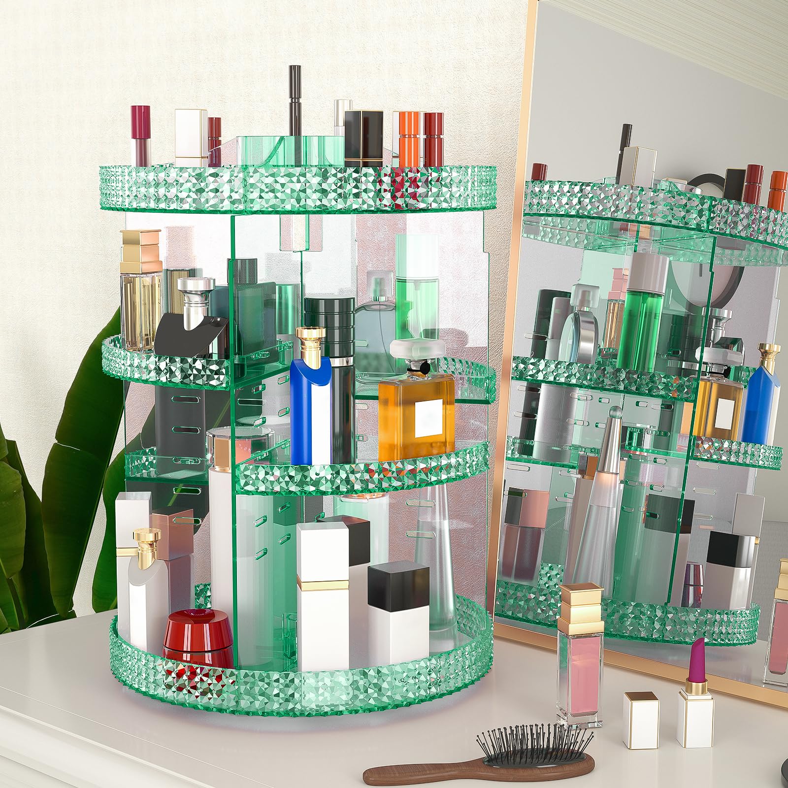 HEMTROY 360° Rotating Makeup Organizer | Extra Large 7-Layer Acrylic Cosmetics Organizer – Green