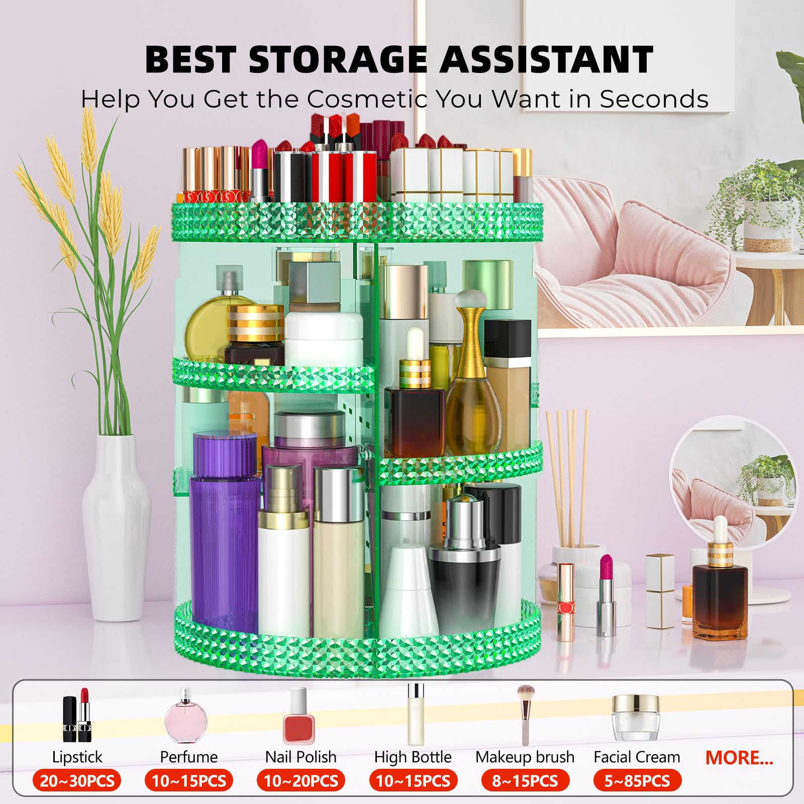 HEMTROY 360° Rotating Makeup Organizer | Extra Large 7-Layer Acrylic Cosmetics Organizer – Green