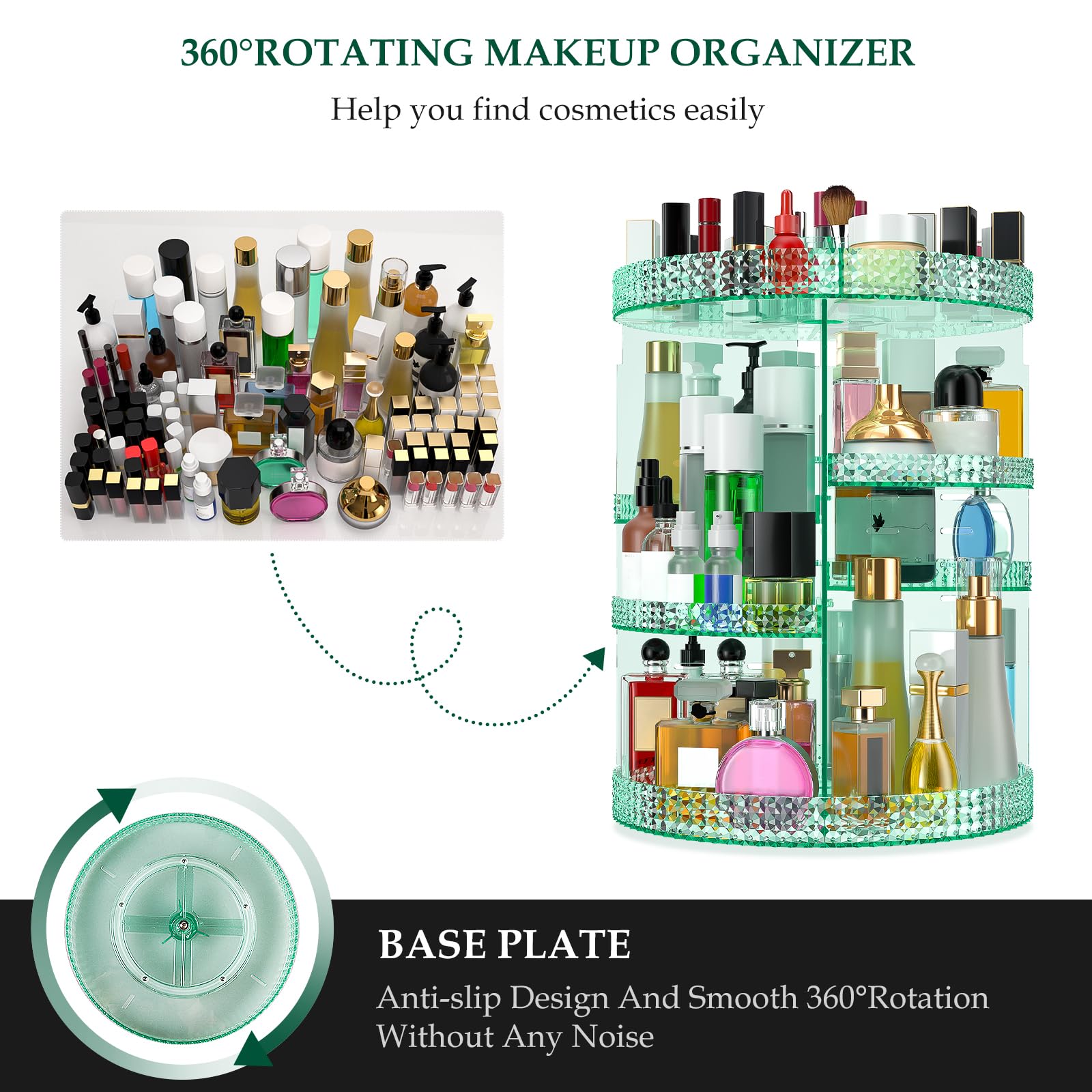 HEMTROY 360° Rotating Makeup Organizer | Extra Large 7-Layer Acrylic Cosmetics Organizer – Green