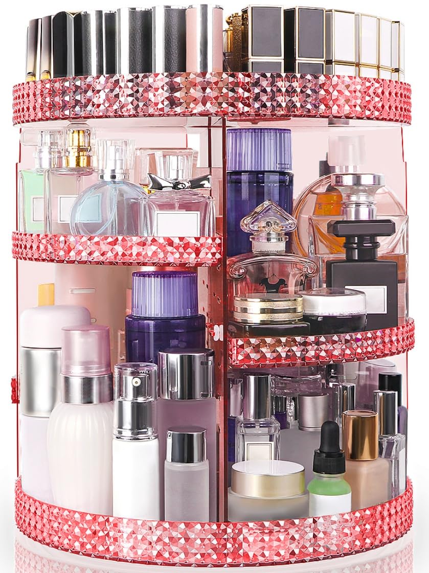HEMTROY 360° Rotating Makeup Organizer – Extra Large Pink 7-Layer Cosmetic Stand
