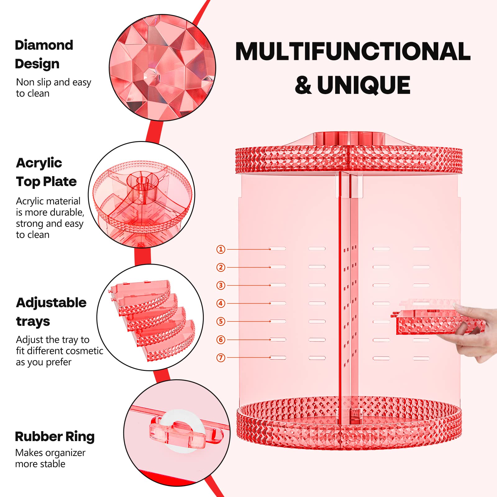 HEMTROY 360° Rotating Makeup Organizer – Extra Large Pink 7-Layer Cosmetic Stand