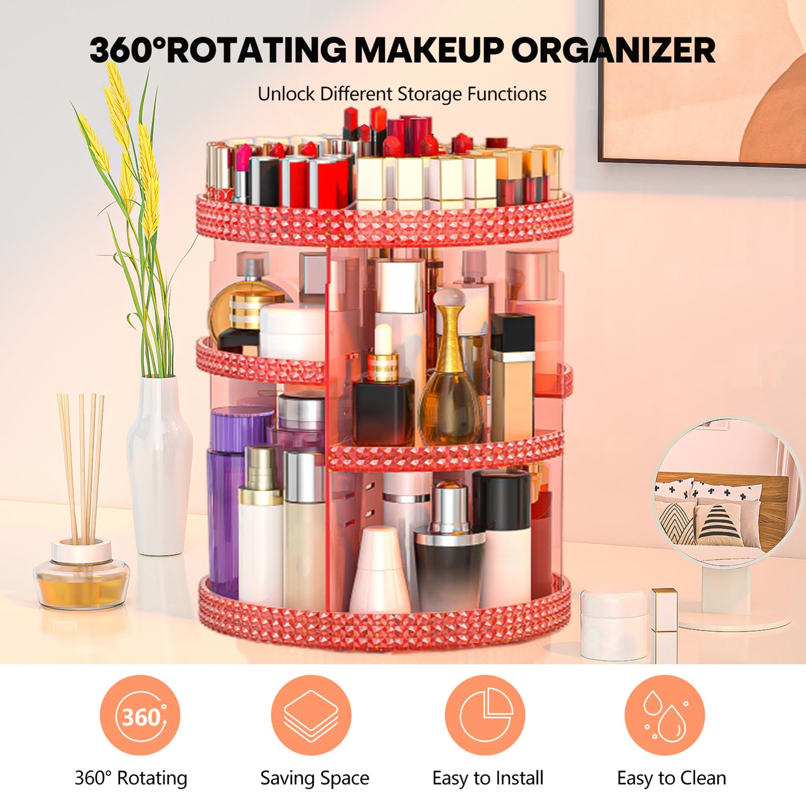 HEMTROY 360° Rotating Makeup Organizer – Extra Large Pink 7-Layer Cosmetic Stand
