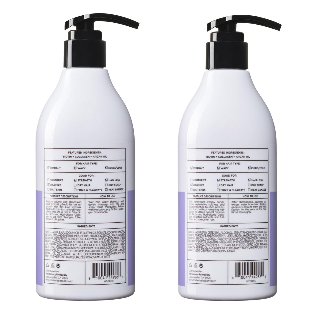 Herbalosophy Biotin & Collagen Shampoo & Conditioner Set – Thickening, Repair, Argan Oil, Gluten & Sulfate Free