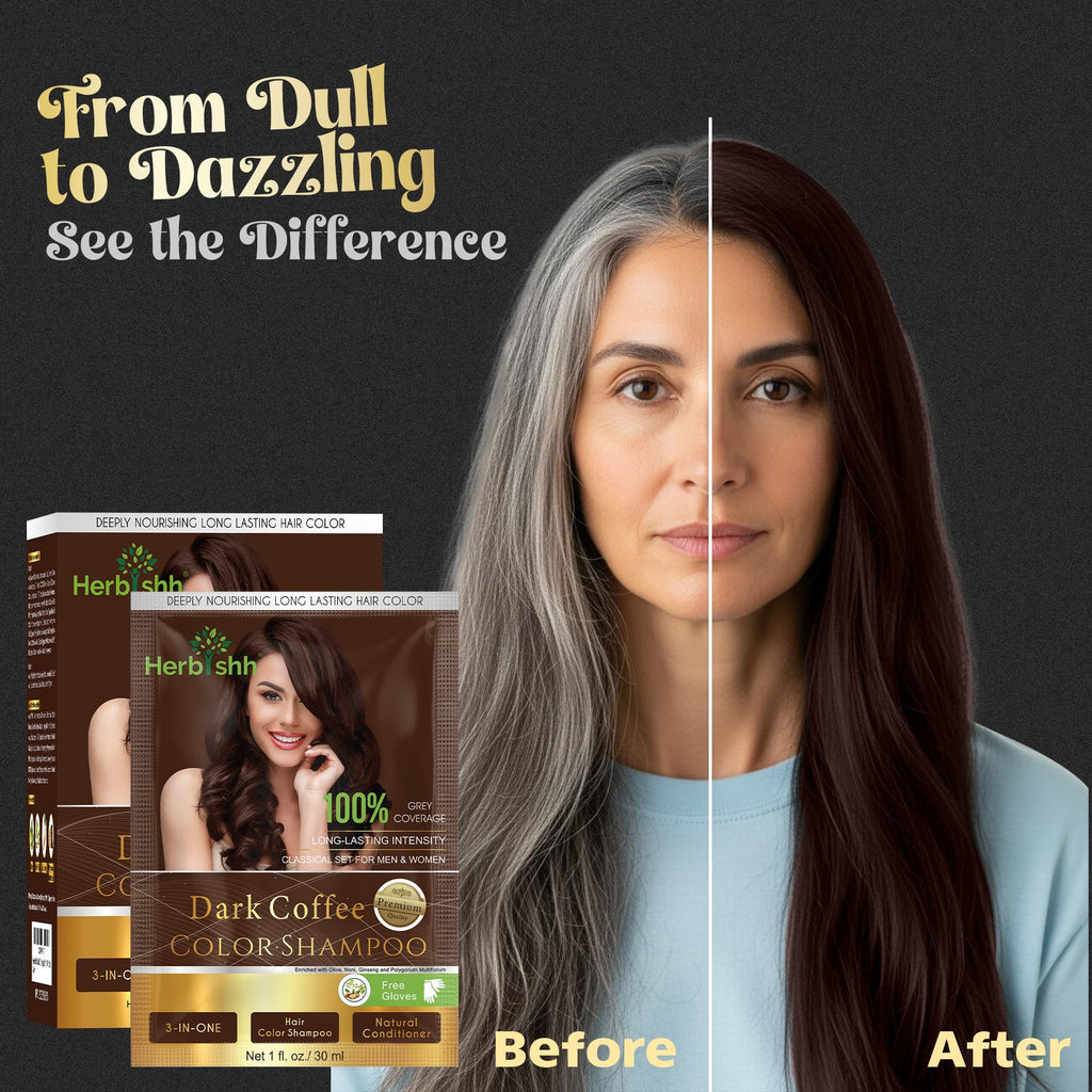 Herbishh Hair Color Shampoo for Gray Coverage - Dark Coffee (30mL x 10) + Argan Oil Mask | Travel Size