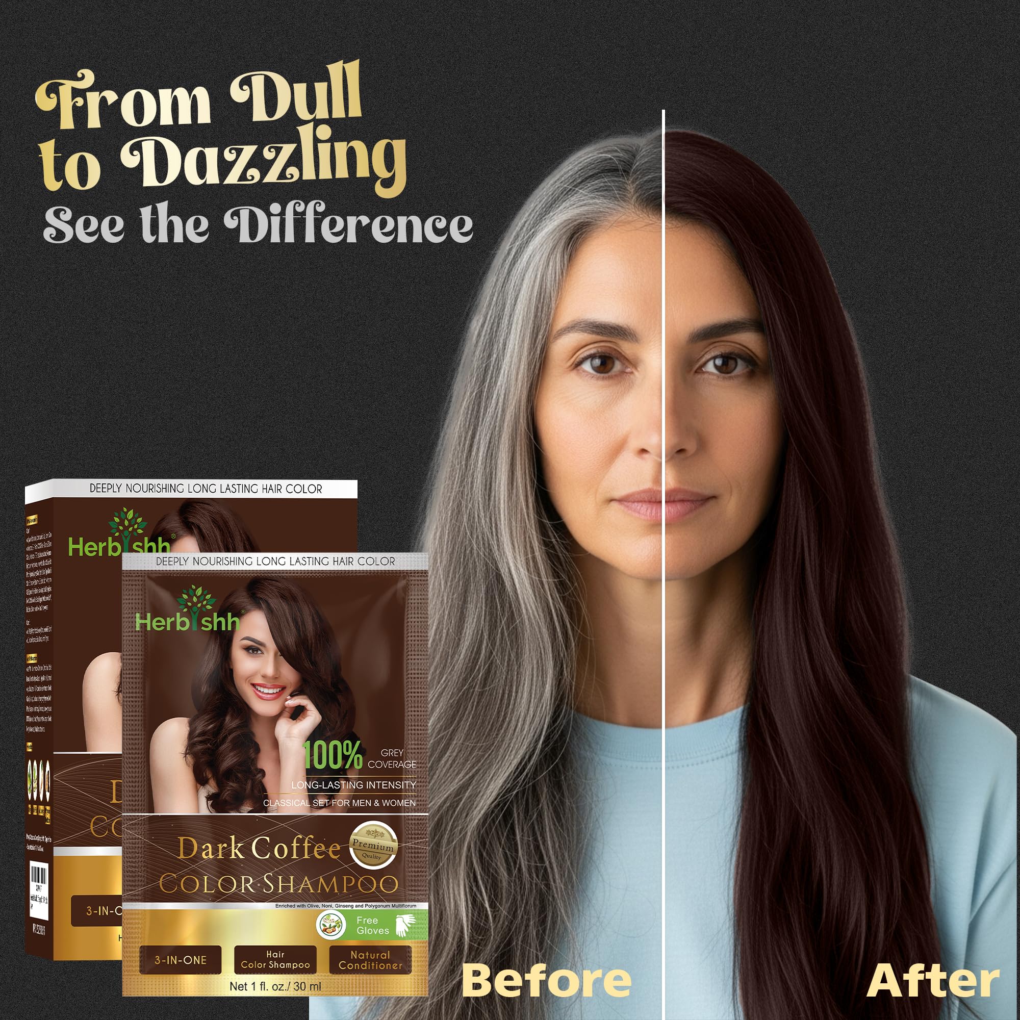 Herbishh Hair Color Shampoo for Gray Coverage - Dark Coffee (30mL x 10) + Argan Oil Mask | Travel Size