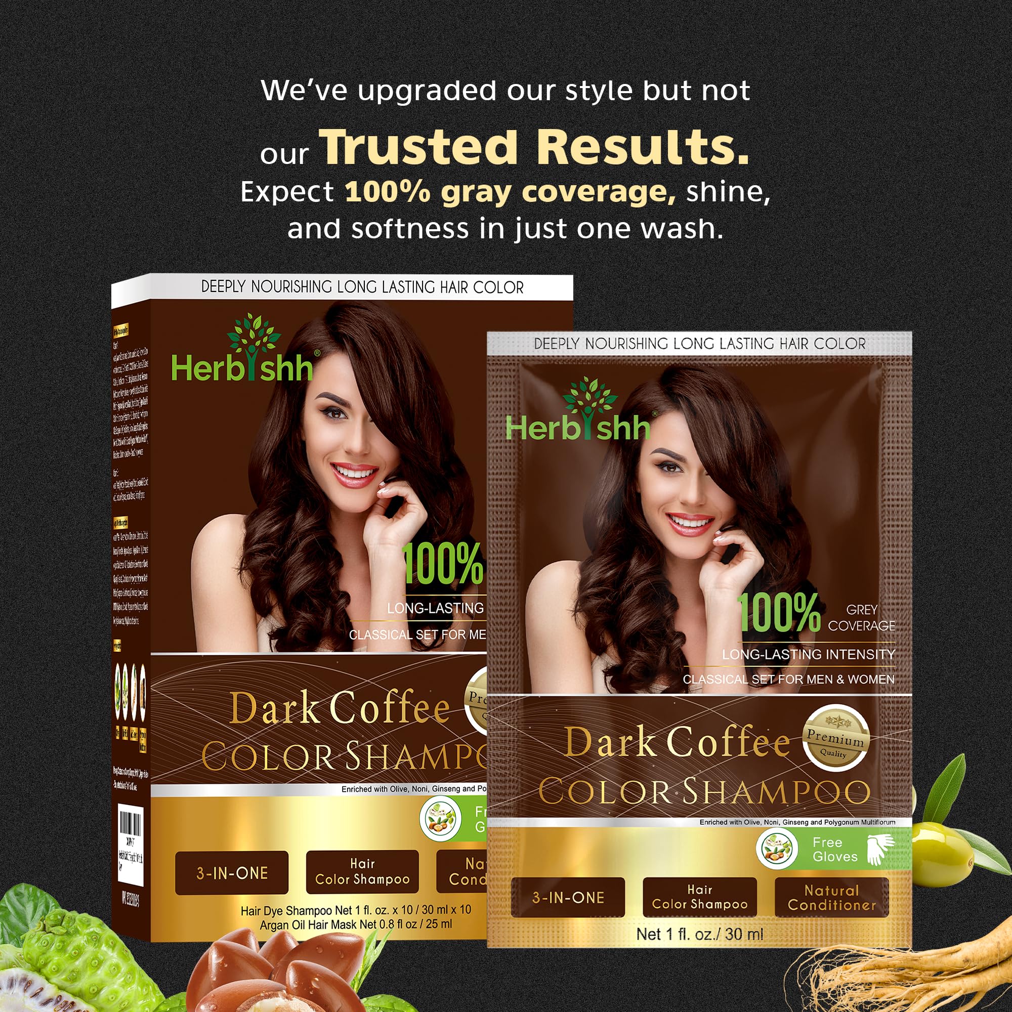 Herbishh Hair Color Shampoo for Gray Coverage - Dark Coffee (30mL x 10) + Argan Oil Mask | Travel Size