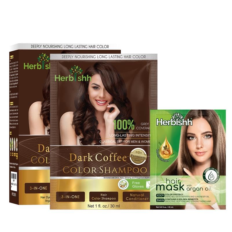 Herbishh Hair Color Shampoo for Gray Coverage - Dark Coffee (30mL x 10) + Argan Oil Mask | Travel Size