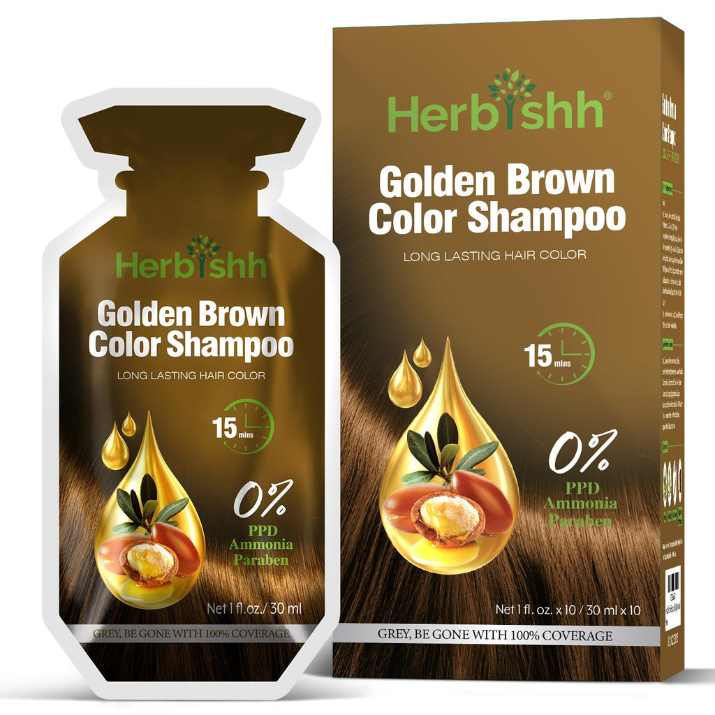 Herbishh Golden Brown Hair Shampoo – 3-in-1 Color & Gray Coverage, PPD-Free, 30ml x10