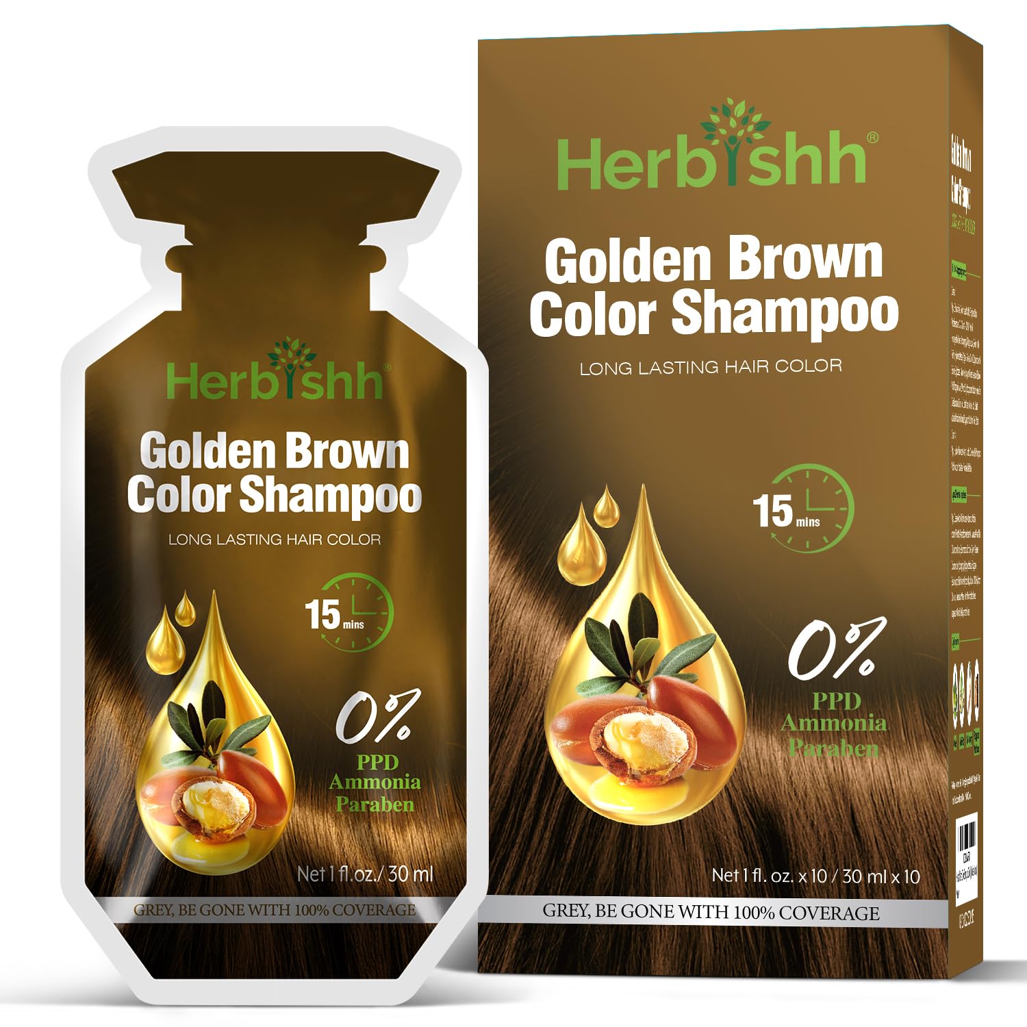 Herbishh Golden Brown Hair Shampoo – 3-in-1 Color & Gray Coverage, PPD-Free, 30ml x10