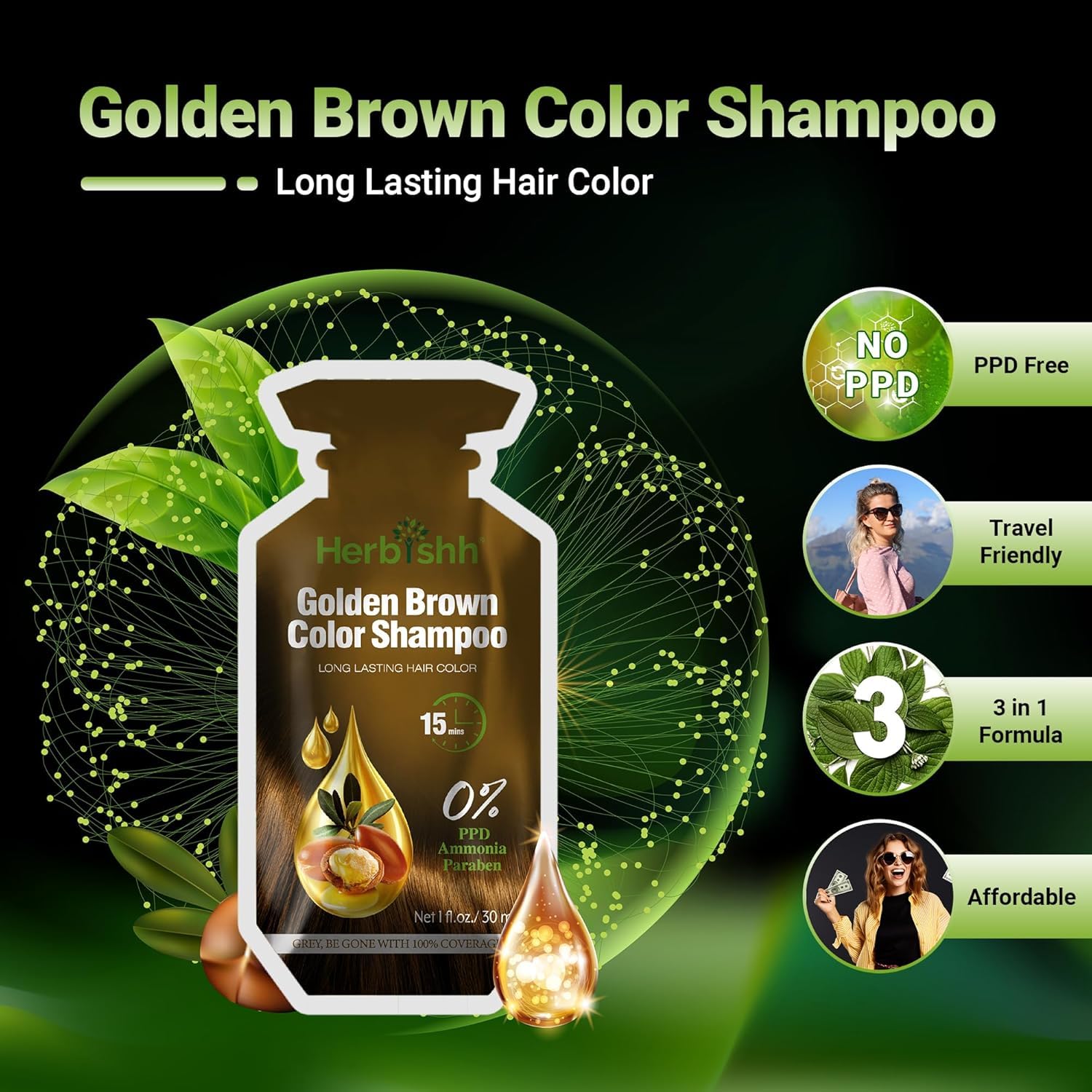 Herbishh Golden Brown Hair Shampoo – 3-in-1 Color & Gray Coverage, PPD-Free, 30ml x10