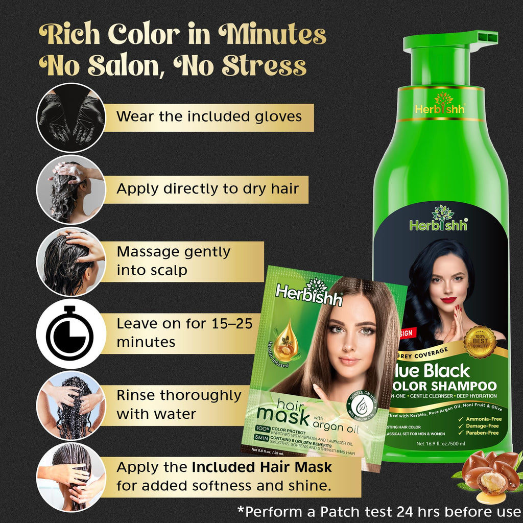 Herbishh Hair Color Shampoo - 3-in-1 Ammonia-Free Gray Hair Dye (Blue Black) 500ml
