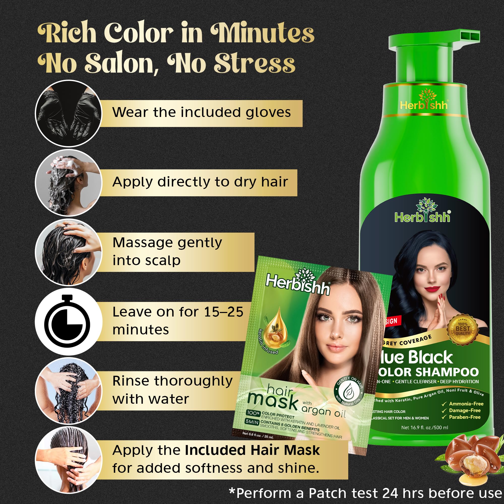 Herbishh Hair Color Shampoo - 3-in-1 Ammonia-Free Gray Hair Dye (Blue Black) 500ml