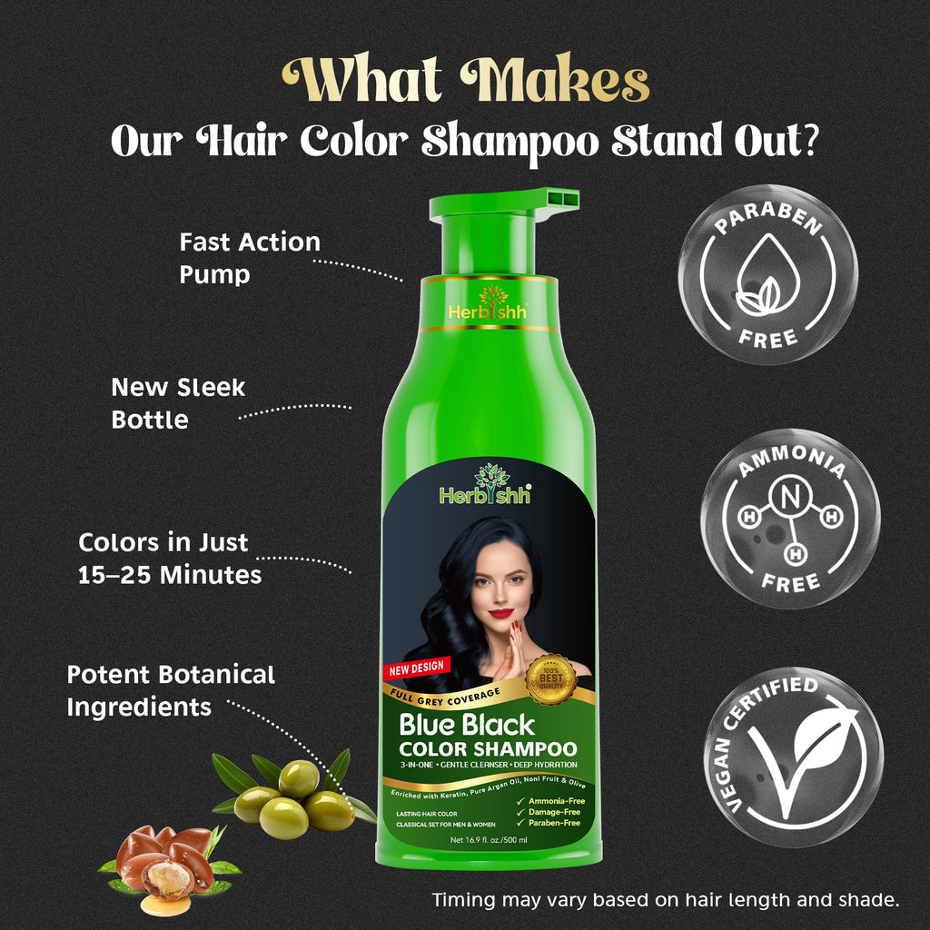 Herbishh Hair Color Shampoo - 3-in-1 Ammonia-Free Gray Hair Dye (Blue Black) 500ml