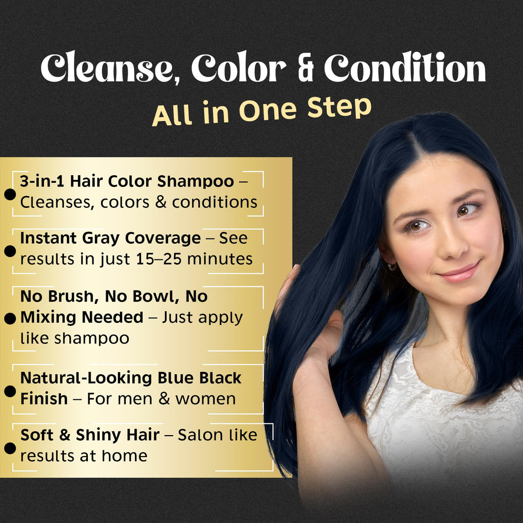 Herbishh Hair Color Shampoo - 3-in-1 Ammonia-Free Gray Hair Dye (Blue Black) 500ml