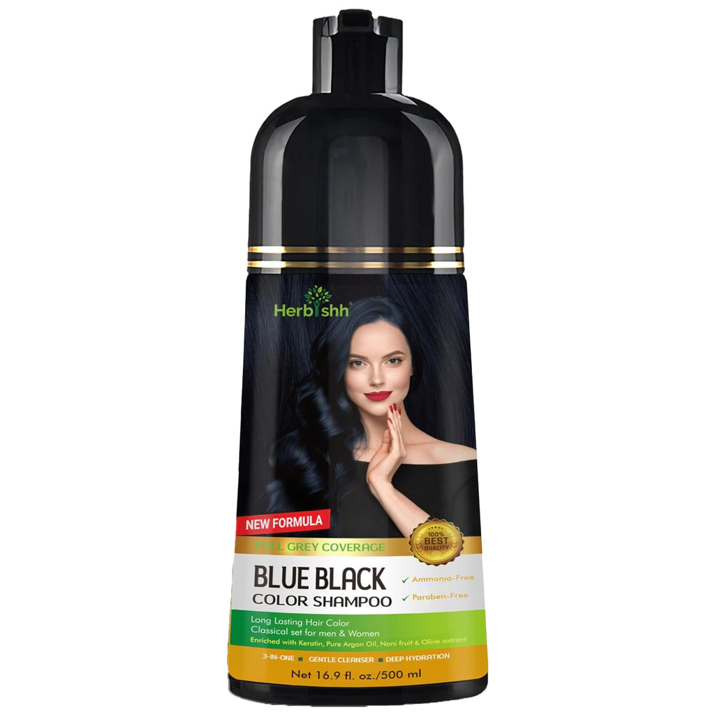 Herbishh Hair Color Shampoo - 3-in-1 Ammonia-Free Gray Hair Dye (Blue Black) 500ml