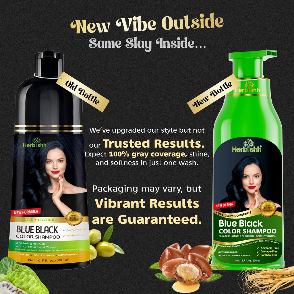 Herbishh Hair Color Shampoo - 3-in-1 Ammonia-Free Gray Hair Dye (Blue Black) 500ml
