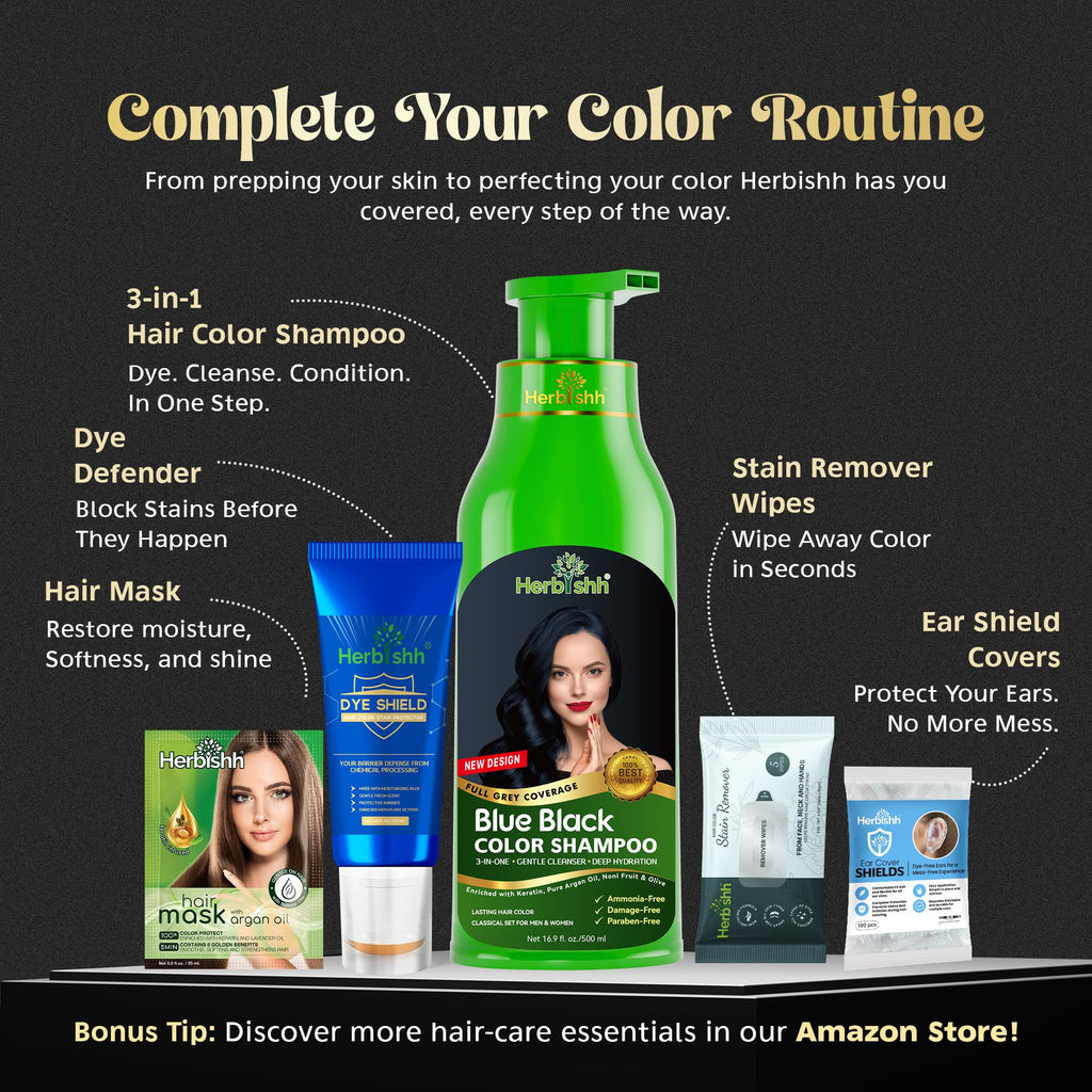 Herbishh Hair Color Shampoo - 3-in-1 Ammonia-Free Gray Hair Dye (Blue Black) 500ml