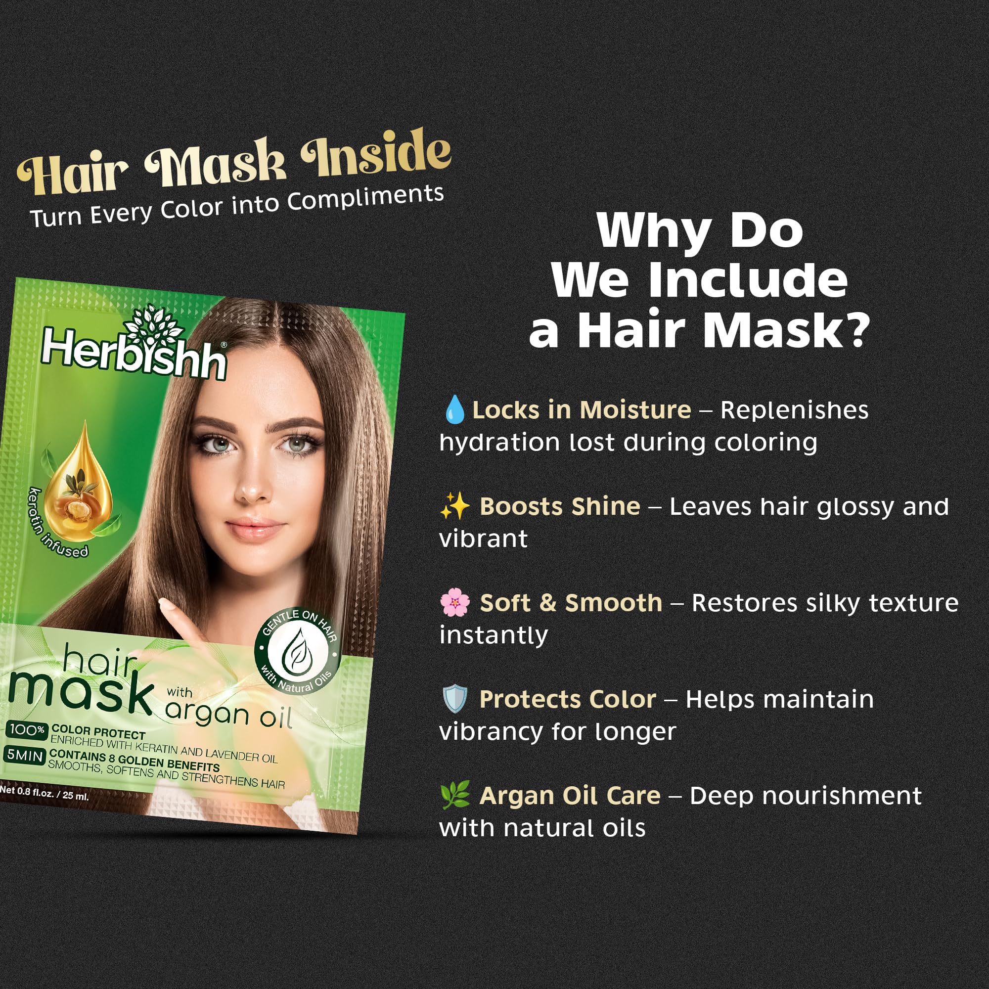 Herbishh Hair Color Shampoo for Gray Coverage - Dark Coffee (30mL x 10) + Argan Oil Mask | Travel Size