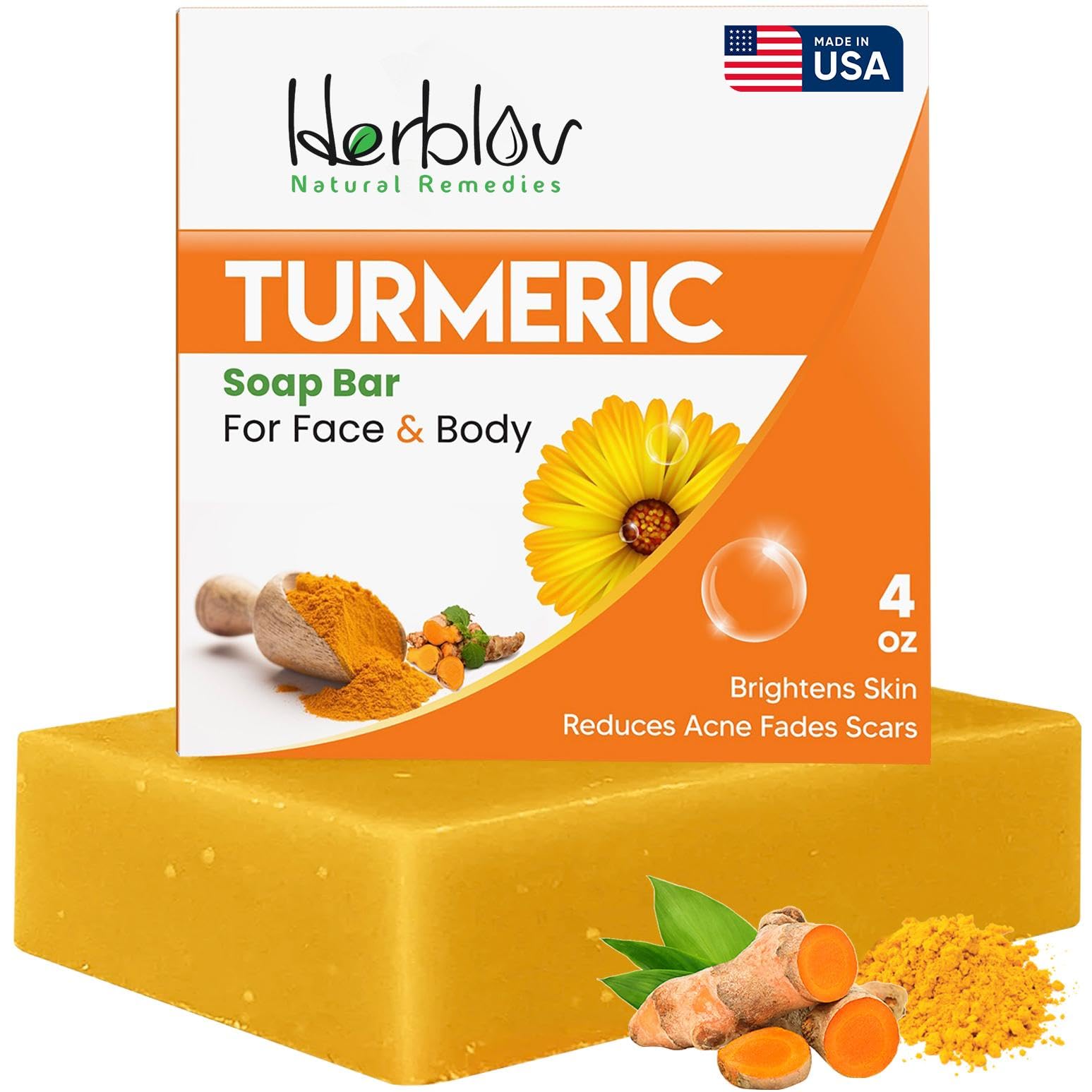 Herblov Turmeric Soap Bar for Face & Body – Natural Brightening Soap, USA Made 4oz