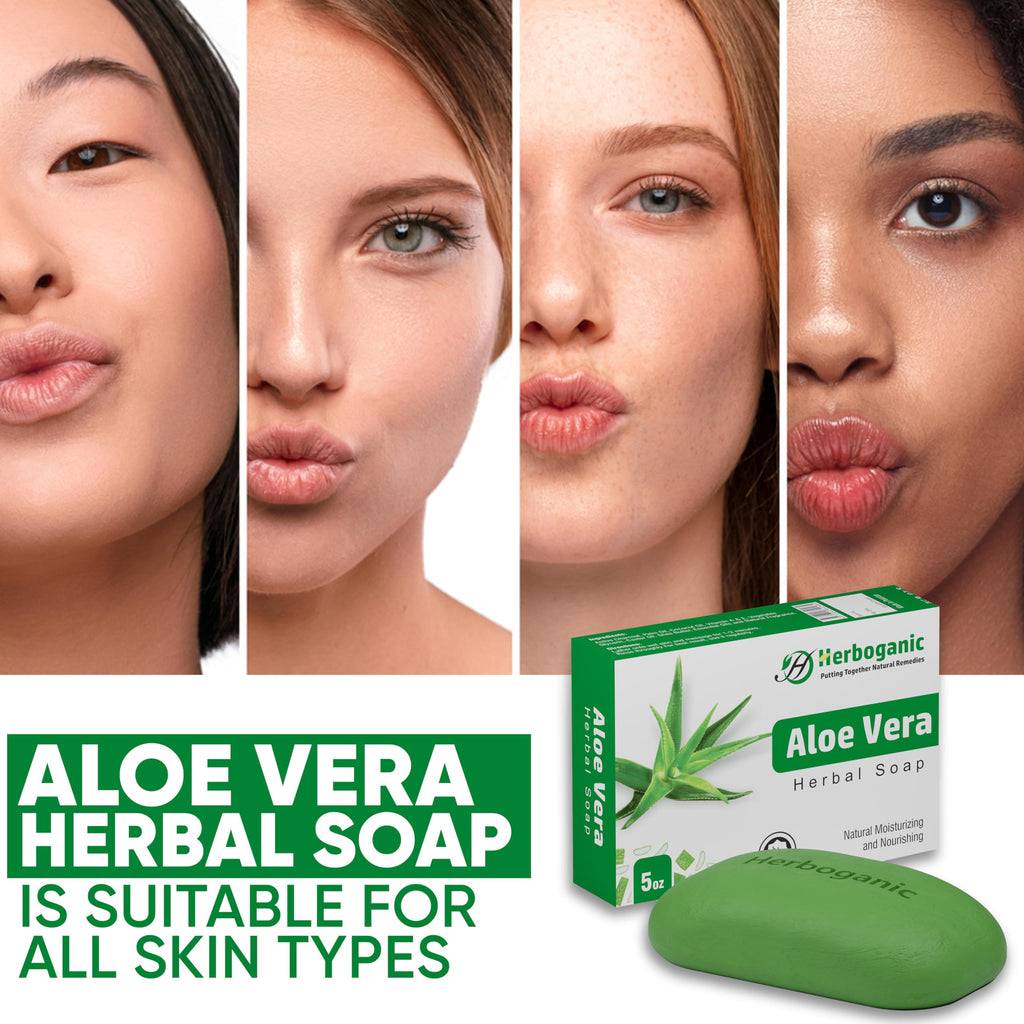 HERBOGANIC Aloe Vera Herbal Soap - Pack of 6 x 5oz Bars for All Skin Types