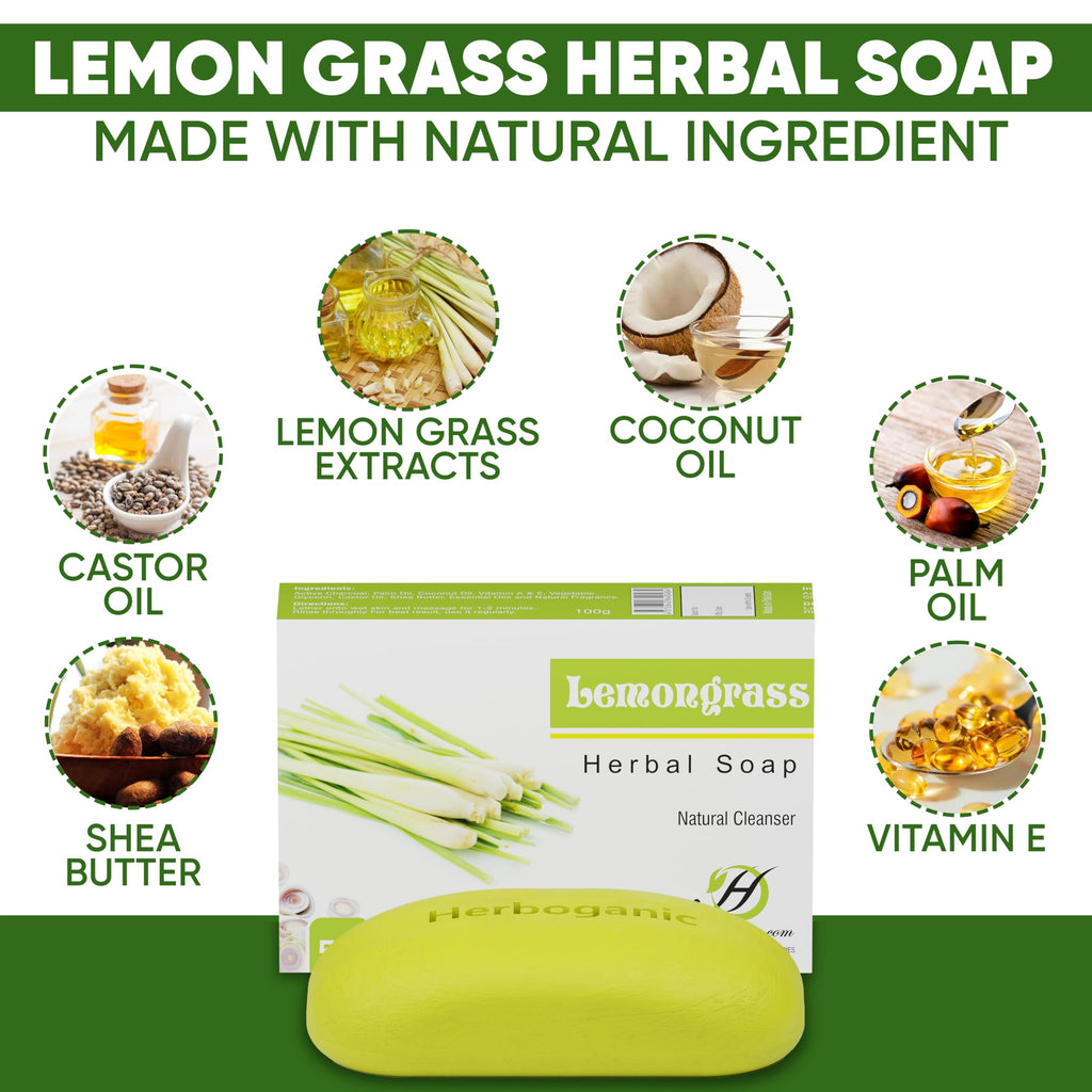 HERBOGANIC Lemongrass Herbal Soap — 6 x 5oz Bars for Refreshed, Nourished Skin