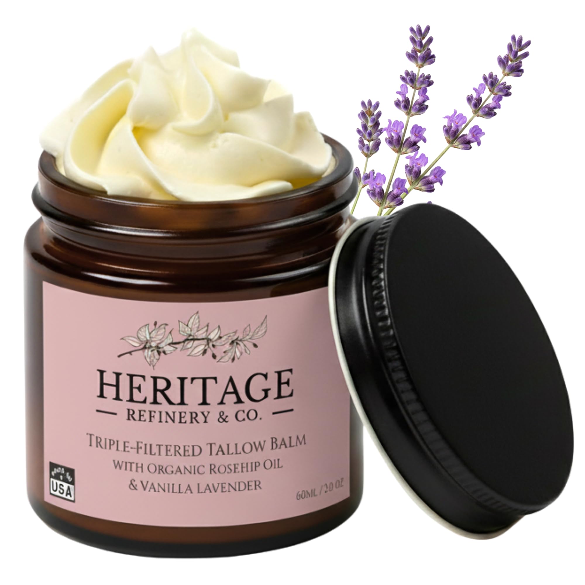Heritage Refinery & Co. Whipped Beef Tallow with Rosehip & Lavender — USA Made, All-Natural Moisturizer (2 oz)