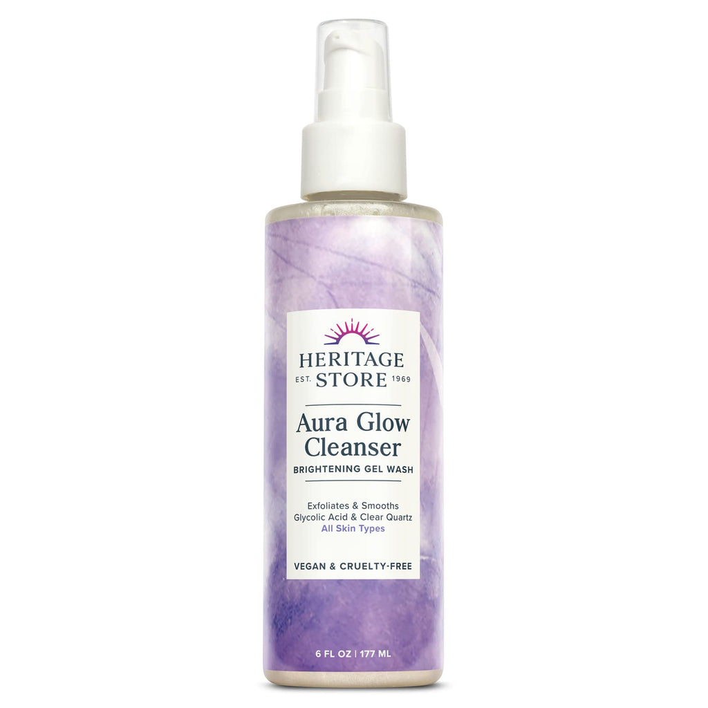 Heritage Store Aura Glow Facial Cleanser – Brightening Gel Cleanser with Glycolic Acid, Niacinamide & Clear Quartz (6 oz) – Vegan