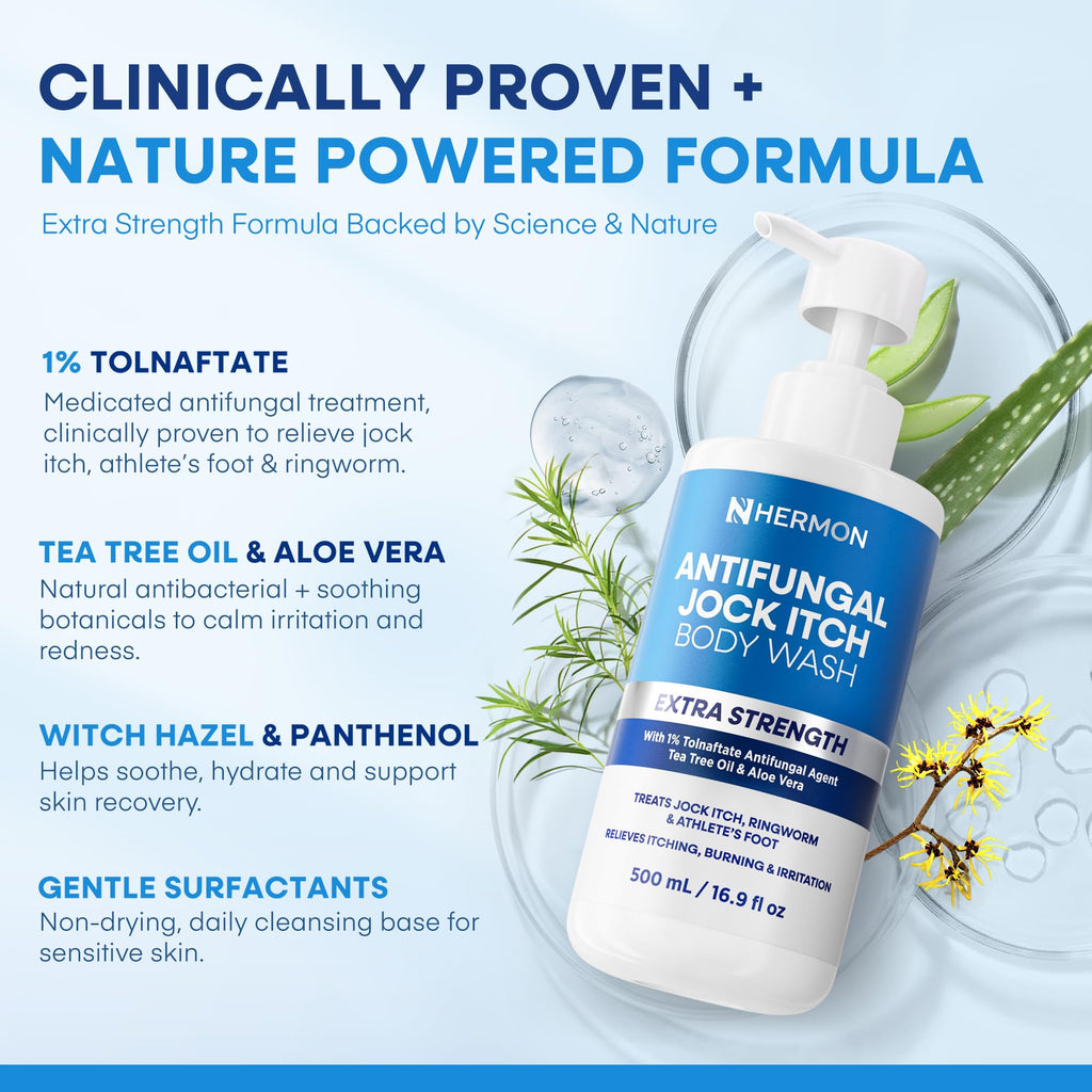 Hermon Antifungal Body Wash – Tea Tree Oil + Tolnaftate 1% for Jock Itch, Ringworm, Athlete's Foot
