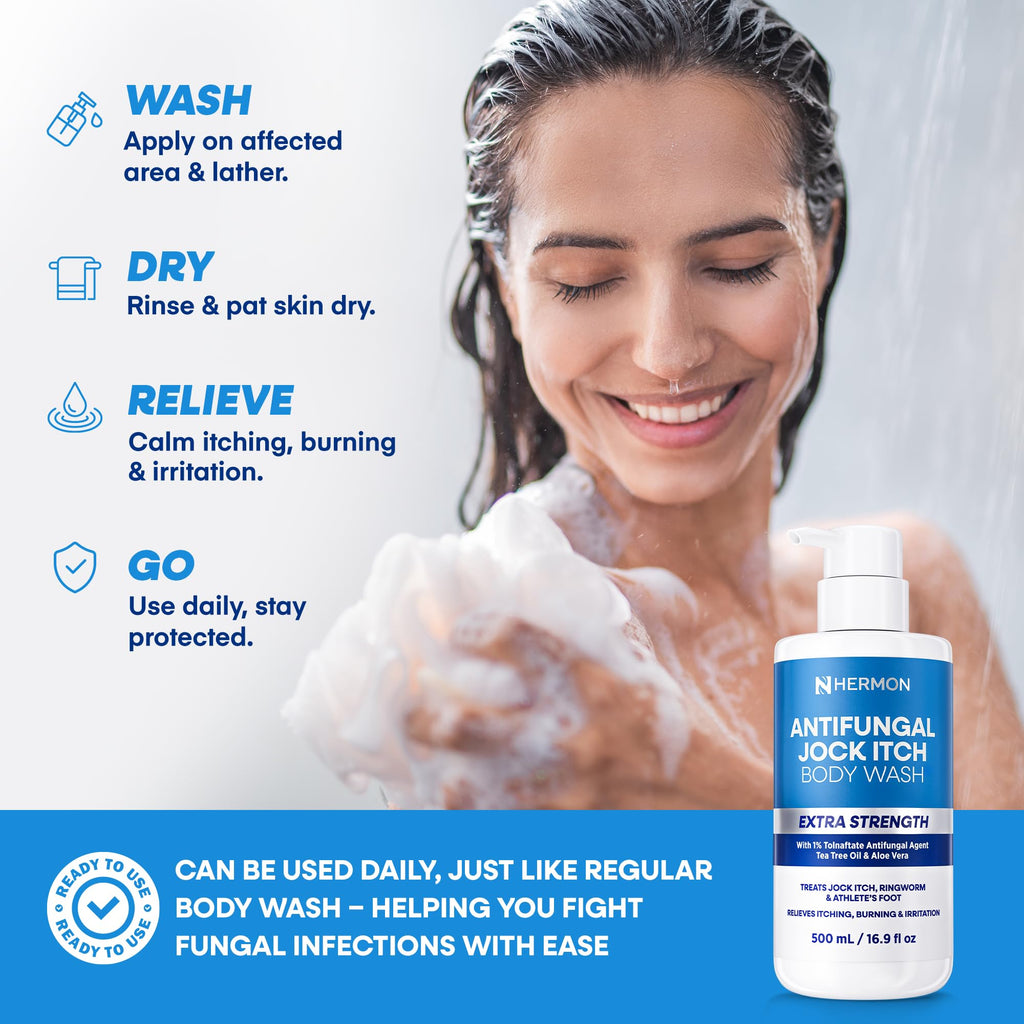 Hermon Antifungal Body Wash – Tea Tree Oil + Tolnaftate 1% for Jock Itch, Ringworm, Athlete's Foot