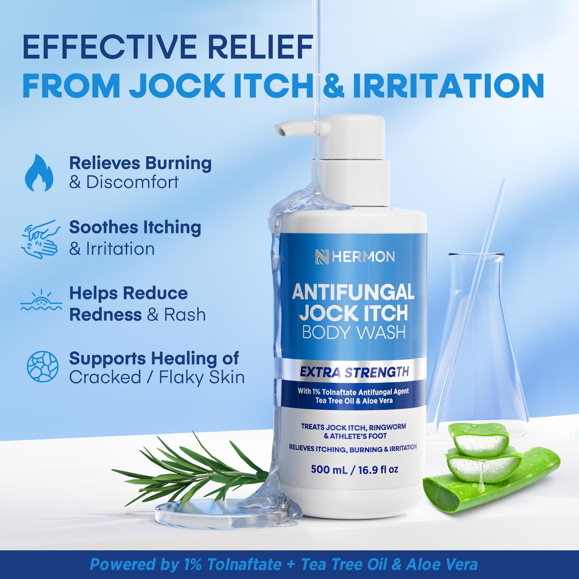 Hermon Antifungal Body Wash – Tea Tree Oil + Tolnaftate 1% for Jock Itch, Ringworm, Athlete's Foot