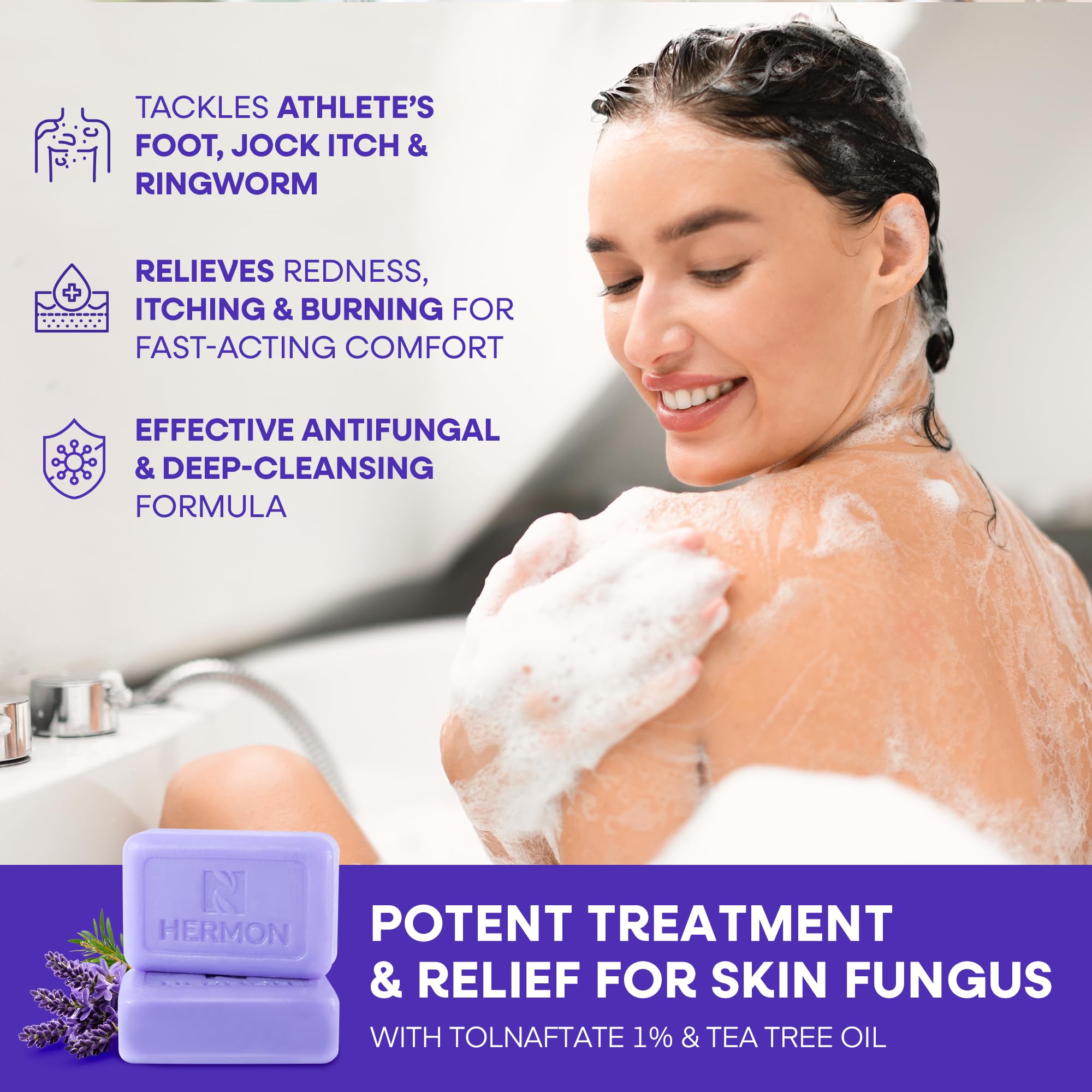 Hermon Antifungal Soap with Tea Tree Oil: Lavender, 4-Pack – Body & Face Wash for Ringworm, Jock Itch & Athlete’s Foot