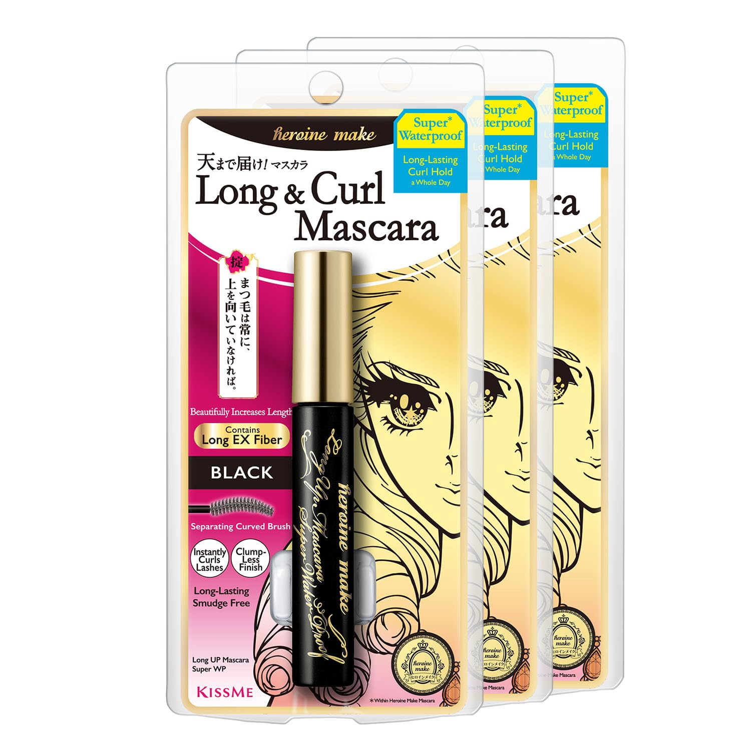 Heroine Make Smudge-Proof Mascara by KISSME — Waterproof Tubing Mascara, Black, 3-Pack, Made in Japan