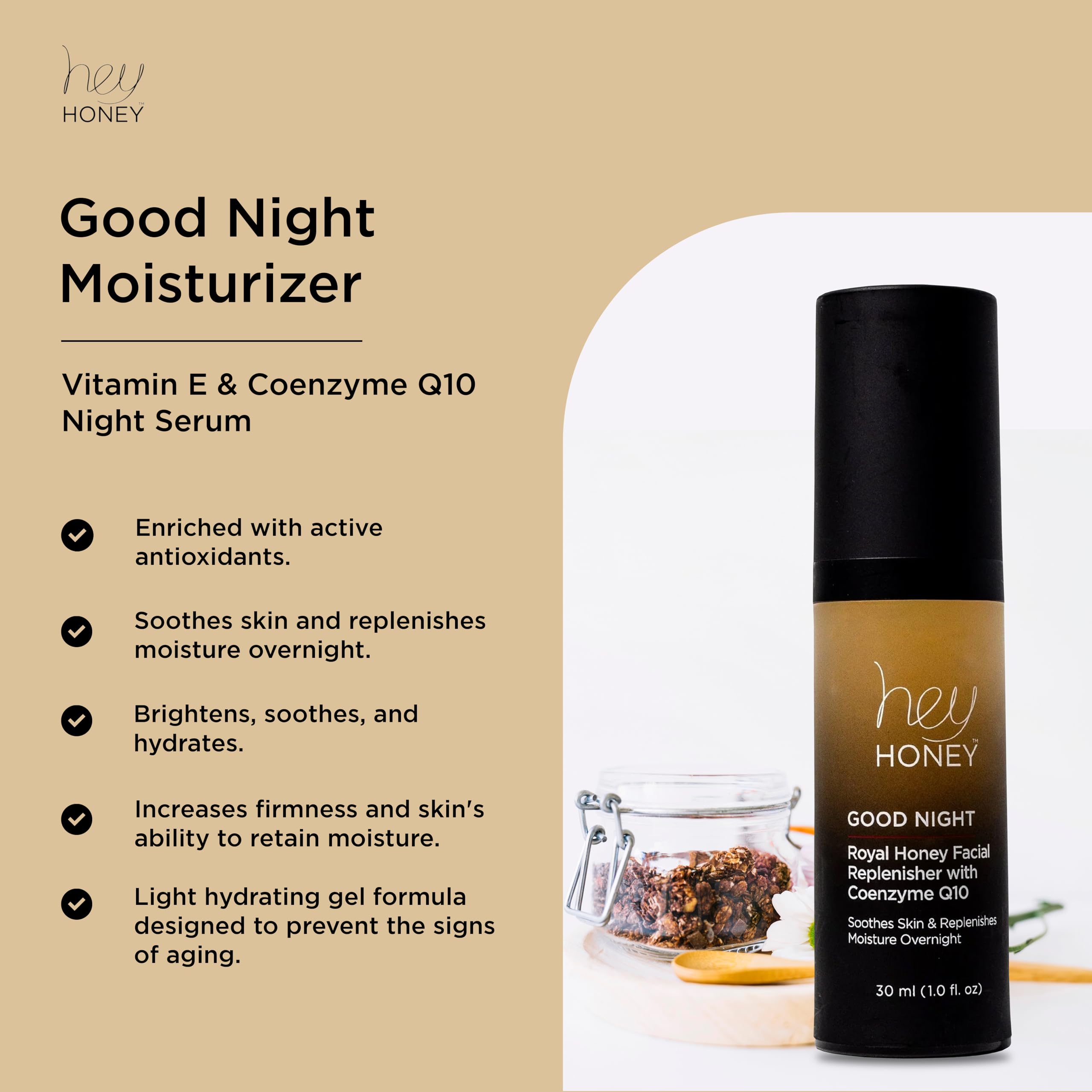 Hey Honey Good Night Moisturizer with CoQ10 & Royal Honey | Hydrating Night Repair 1 oz