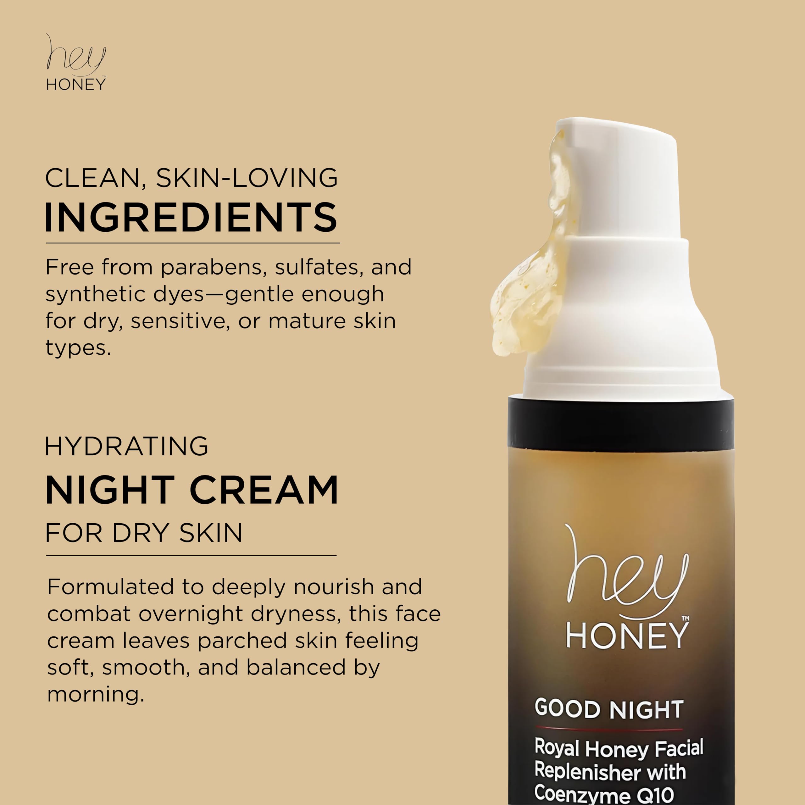 Hey Honey Good Night Moisturizer with CoQ10 & Royal Honey | Hydrating Night Repair 1 oz