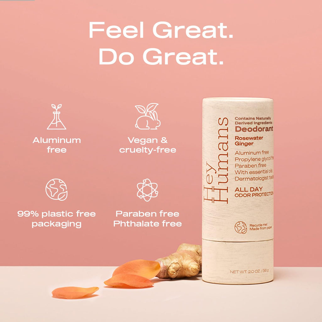 Hey Humans Deodorant – Aluminum-Free Rosewater Ginger, All-Day Odor Control (Pack of 2)