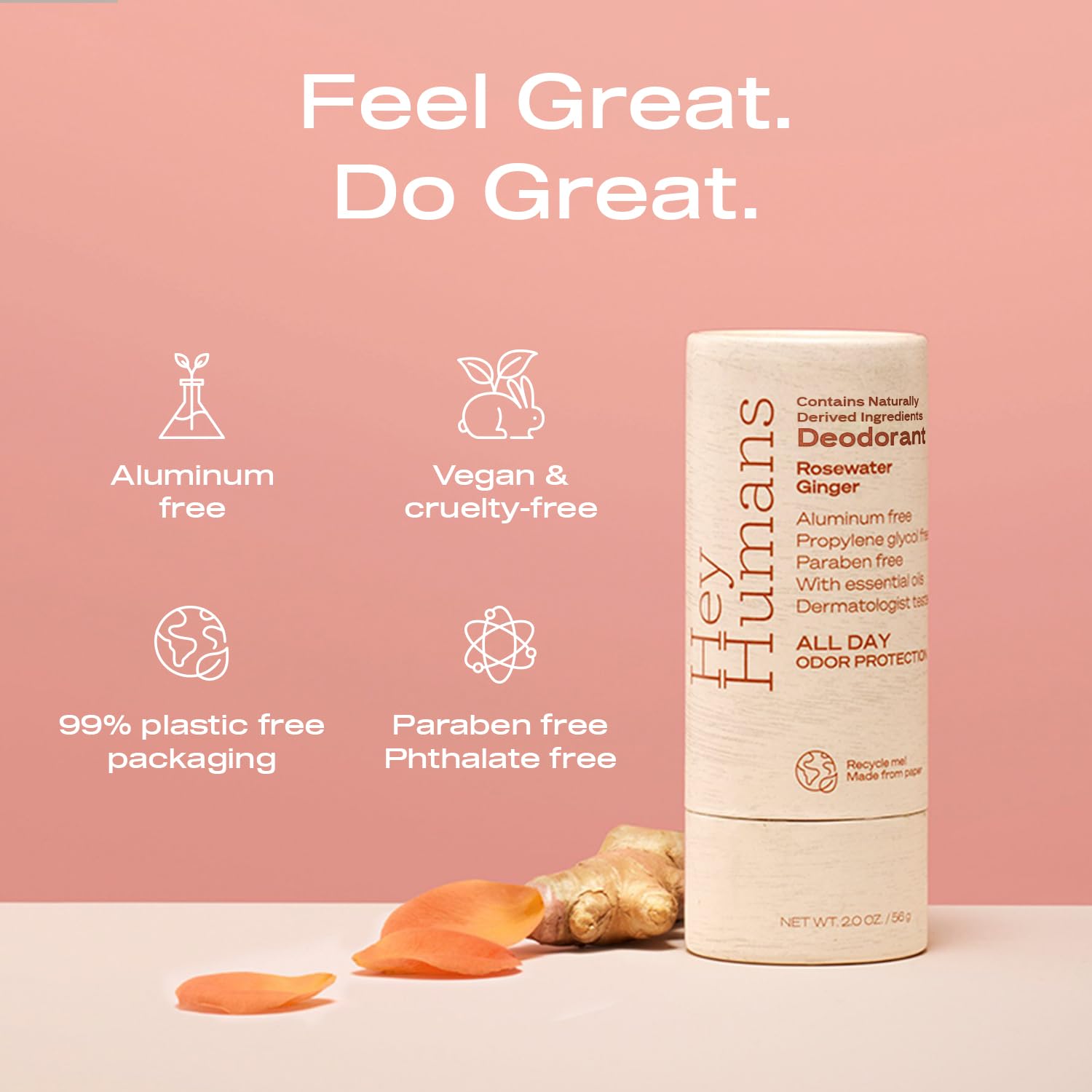Hey Humans Deodorant – Aluminum-Free Rosewater Ginger, All-Day Odor Control (Pack of 2)