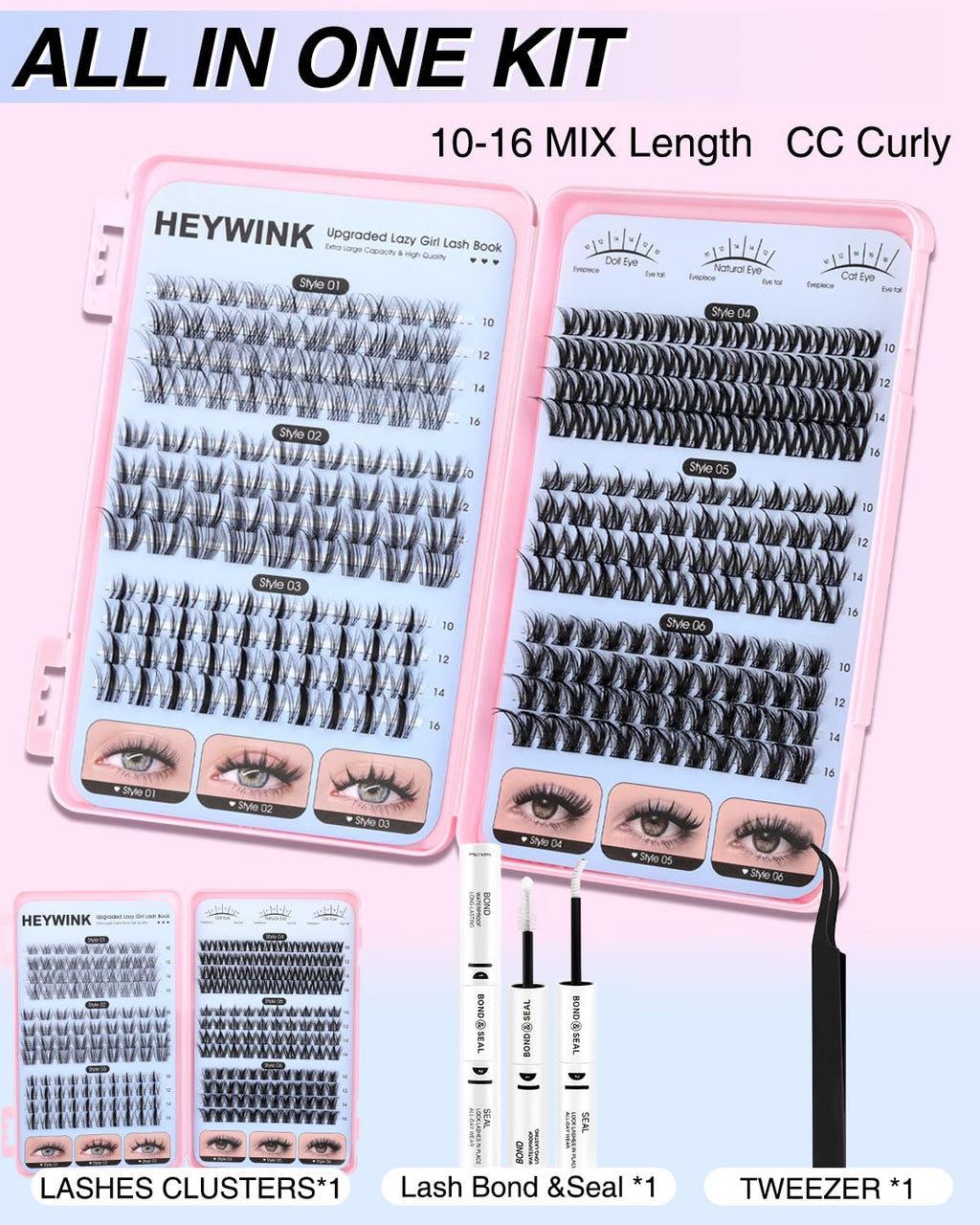 HEYWINK Lash Clusters Kit — 6 Styles (10-16mm) CC Curl DIY Lashes