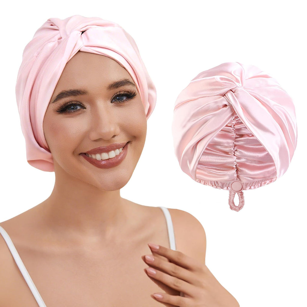 HFRHTGY Adjustable Silk Satin Hair Bonnet for Sleeping — Double-Layer Night Turban, Pink