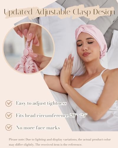 HFRHTGY Adjustable Silk Satin Hair Bonnet for Sleeping — Double-Layer Night Turban, Pink