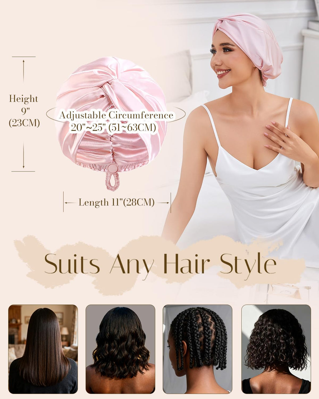 HFRHTGY Adjustable Silk Satin Hair Bonnet for Sleeping — Double-Layer Night Turban, Pink