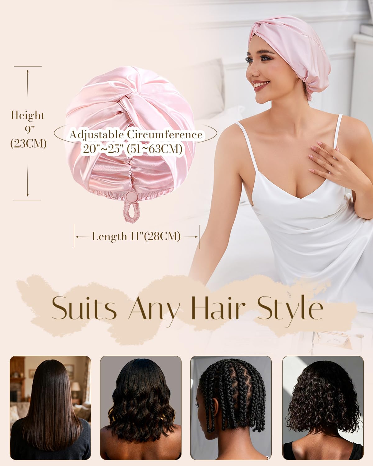 HFRHTGY Adjustable Silk Satin Hair Bonnet for Sleeping — Double-Layer Night Turban, Pink