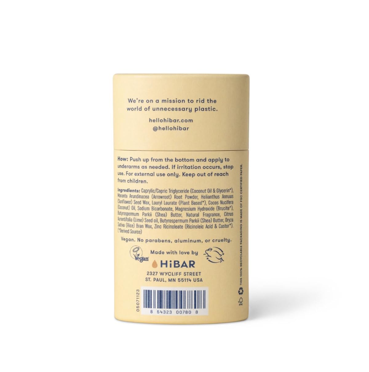 HiBAR Coconut & Vanilla Plastic Free Deodorant – Natural, Aluminum-Free Protection | 1 Pack