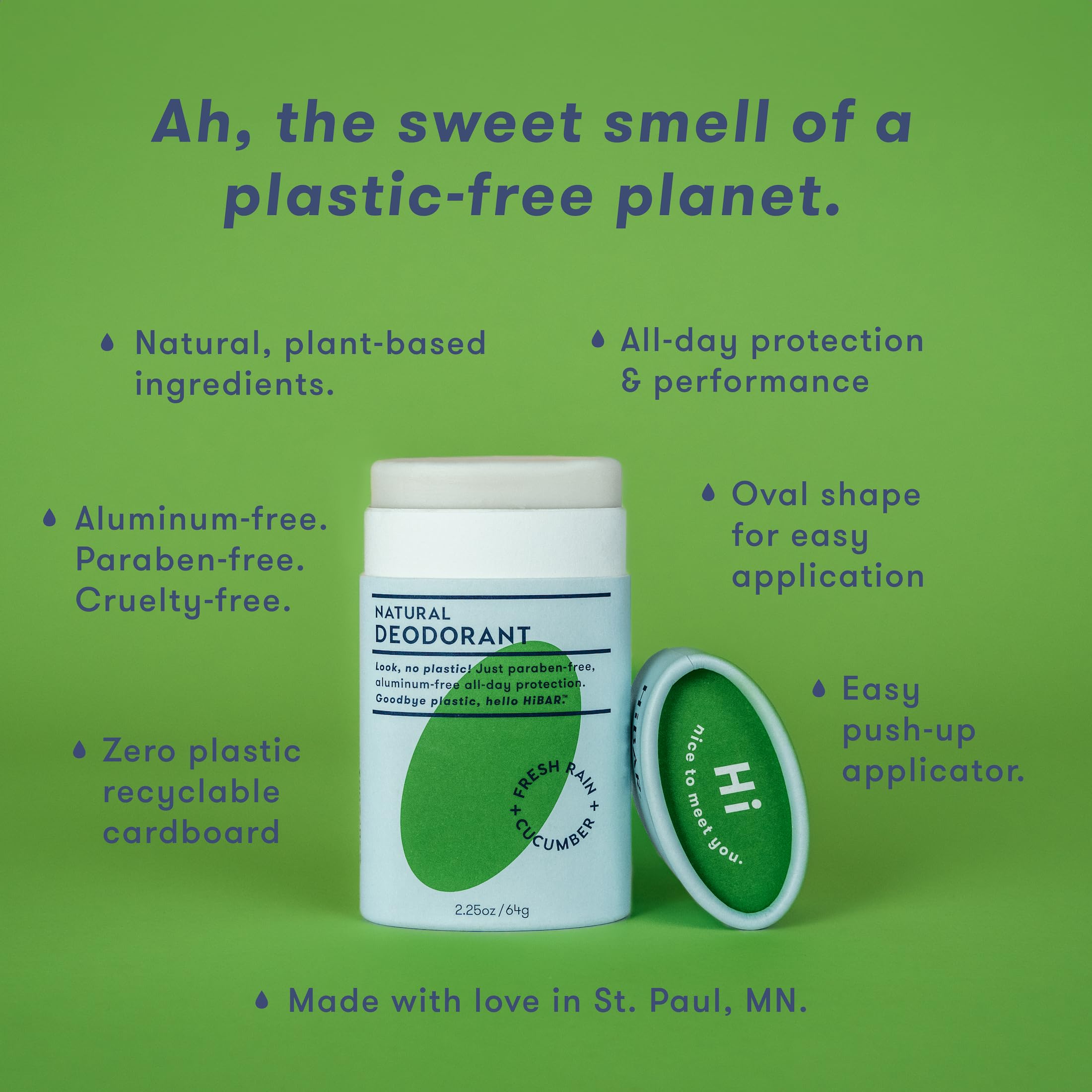HiBAR Fresh Rain & Cucumber Plastic Free Deodorant – 3-Pack, All-Day Protection