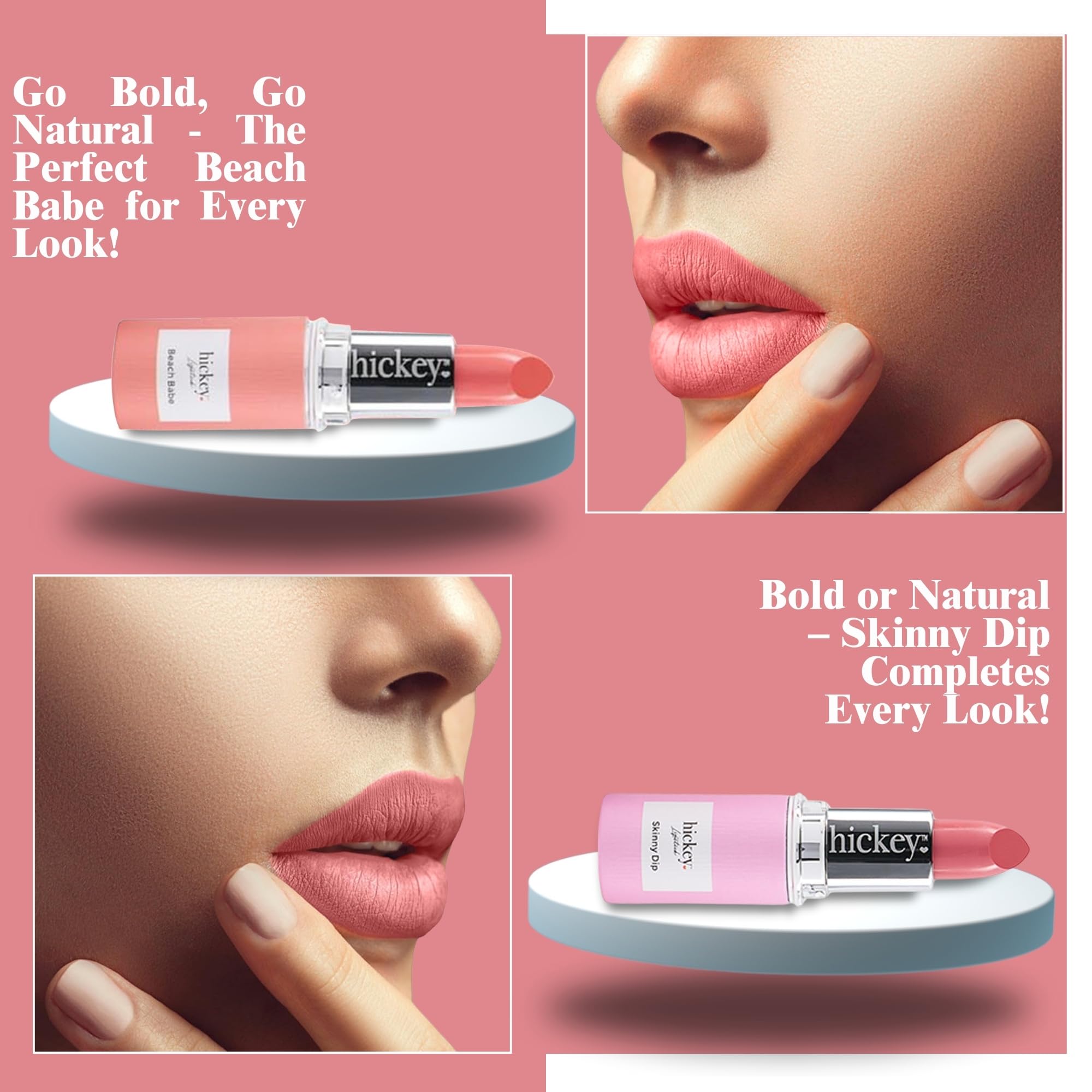 Hickey Lipstick Beach Babe & Skinny Dip: Organic Long-Lasting Refills (Pink & Coral)
