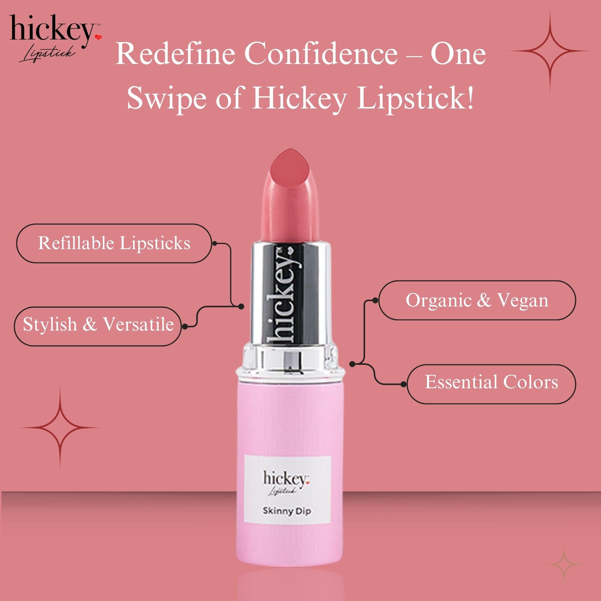Hickey Lipstick Beach Babe & Skinny Dip: Organic Long-Lasting Refills (Pink & Coral)
