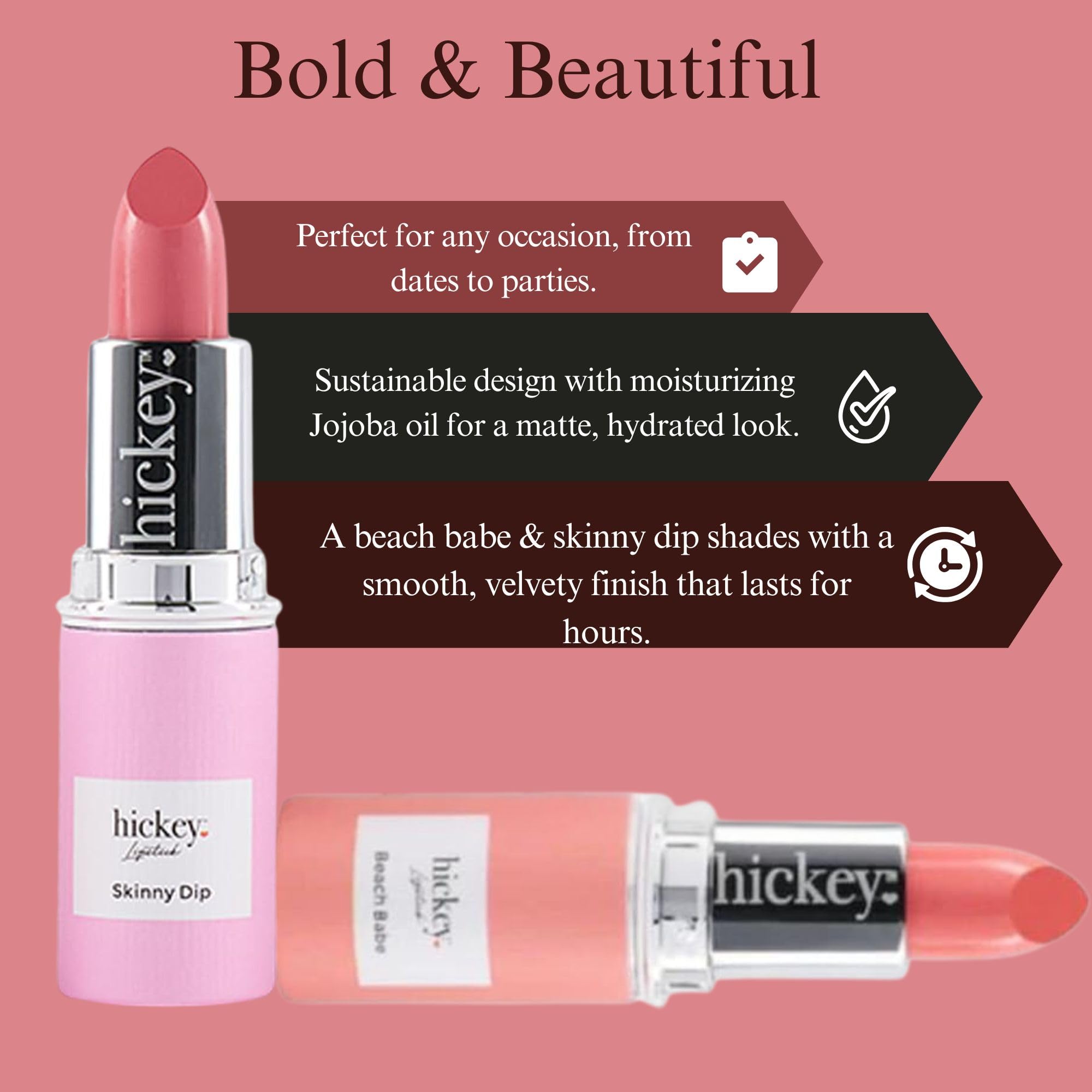 Hickey Lipstick Beach Babe & Skinny Dip: Organic Long-Lasting Refills (Pink & Coral)